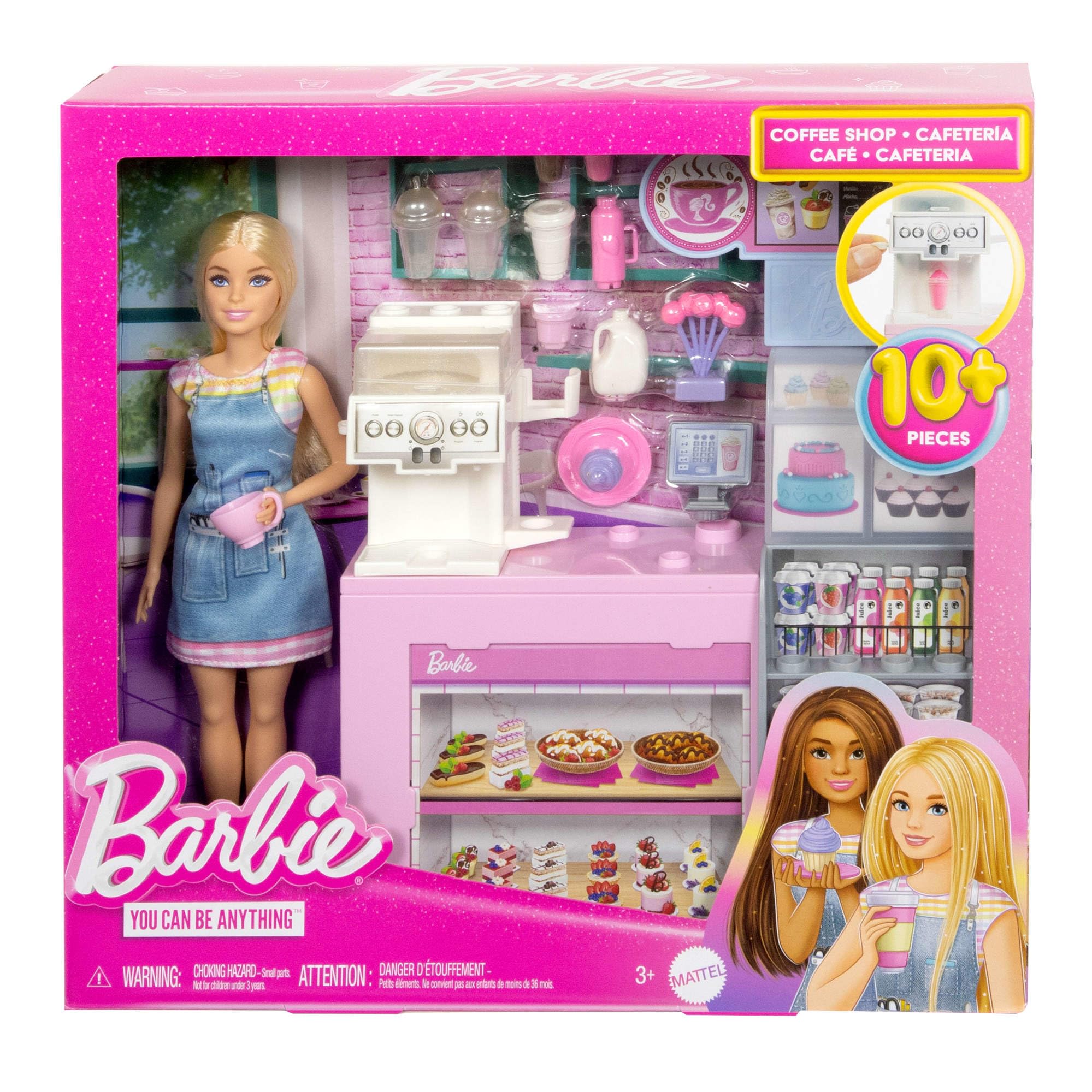 Barbie – Coffee Shop Playset con Bambola Barista Bionda e 12+ Accessori | Macchina Caffè-Smoothie | Dai 3 Anni