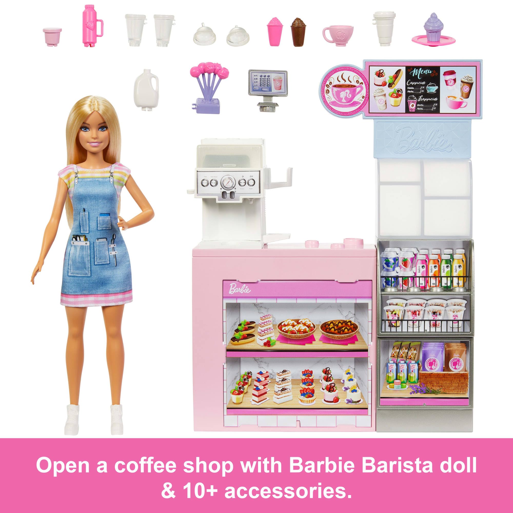 Barbie – Coffee Shop Playset con Bambola Barista Bionda e 12+ Accessori | Macchina Caffè-Smoothie | Dai 3 Anni