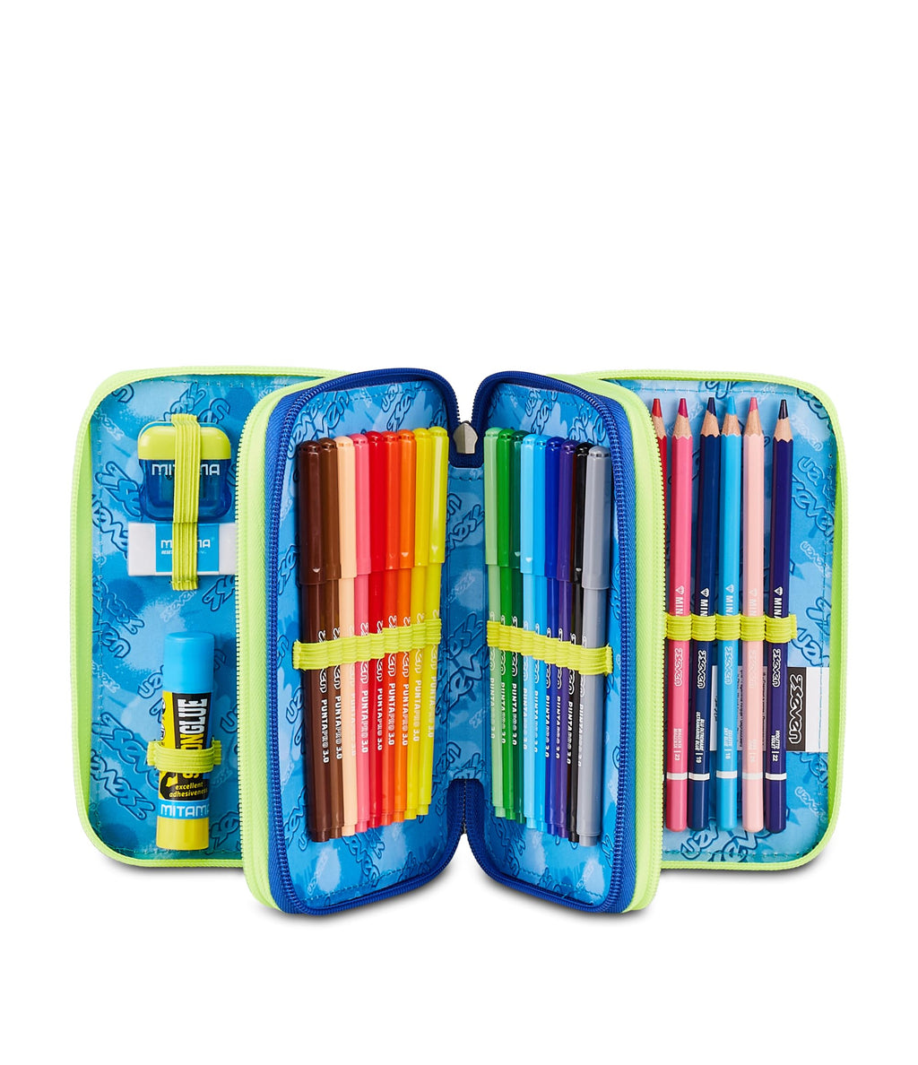 Seven Astuccio Scuola 3 Zip Blu Fusion – Blu, 45 Pezzi Completo | Triplo Scomparto | Scuola Elementare Bambino