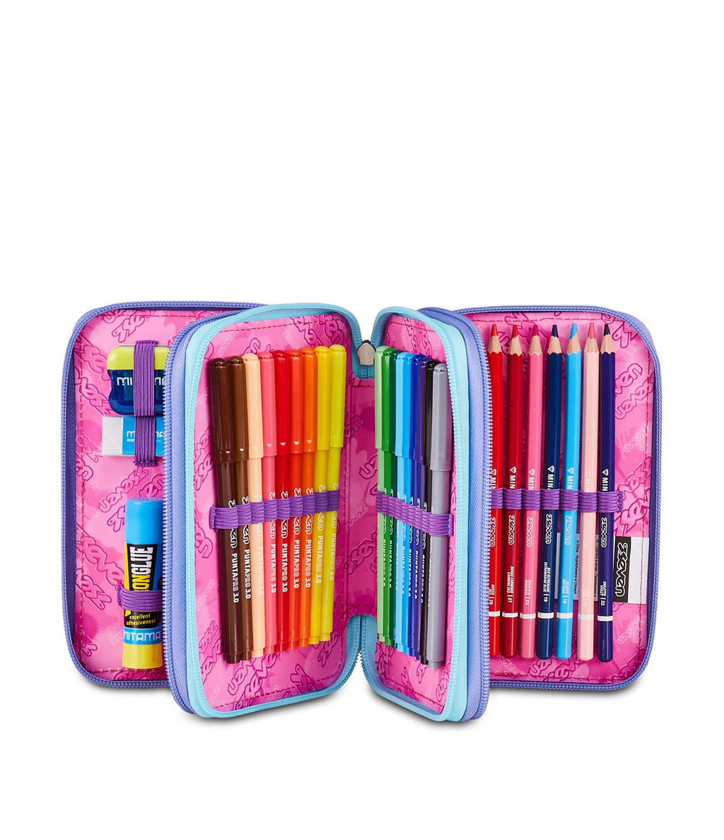 Seven Astuccio Scuola 3 Zip ElectricVibe Girl – Rosa, 45 Pezzi Completo | Triplo Scomparto | Scuola Elementare Bambina