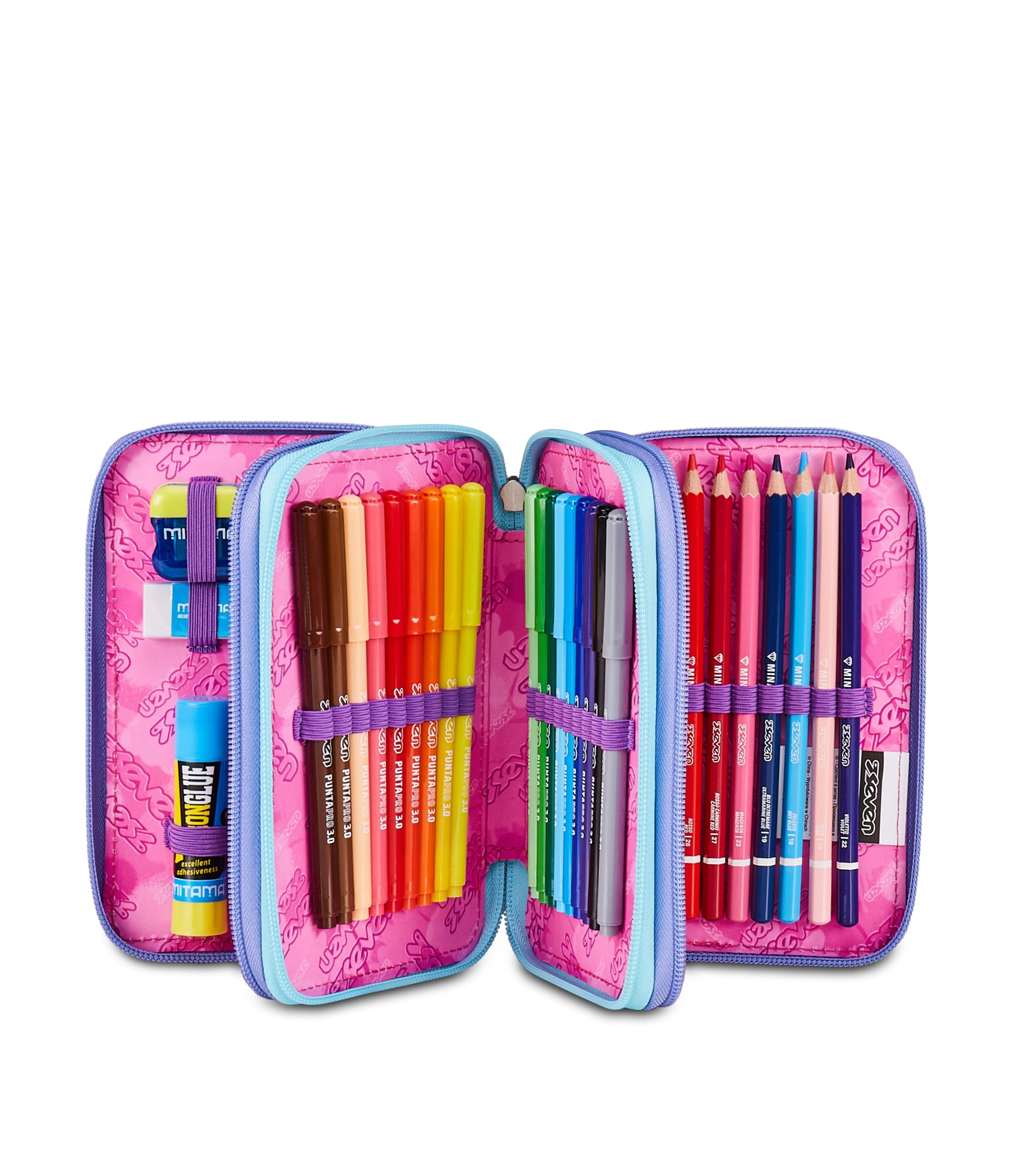 Seven Astuccio Scuola 3 Zip ElectricVibe Girl – Rosa, 45 Pezzi Completo | Triplo Scomparto | Scuola Elementare Bambina