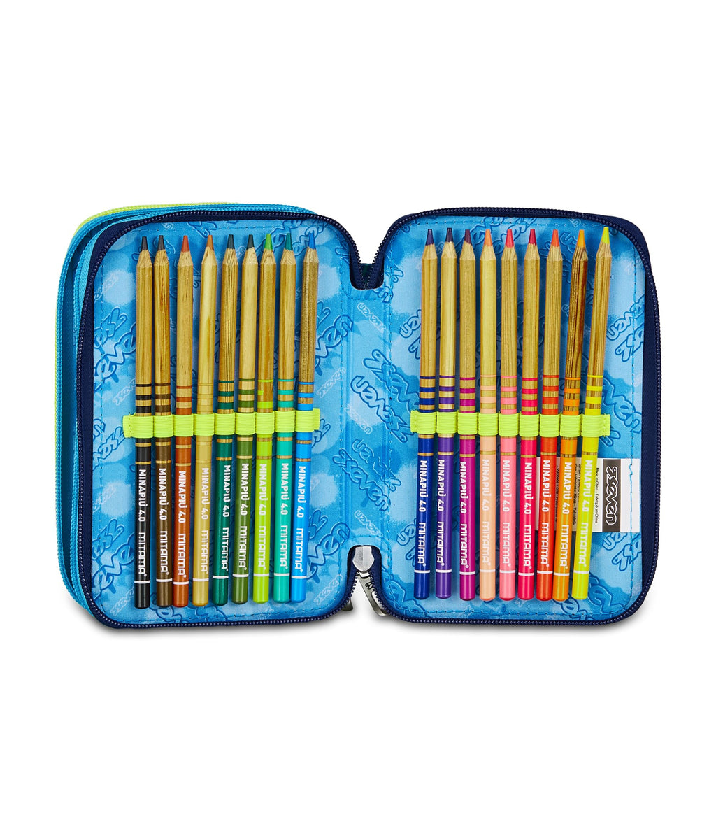 Astuccio Seven 3 Zip Blu – 3 Scomparti, Completo con 44 Pezzi, Scuola Elementare