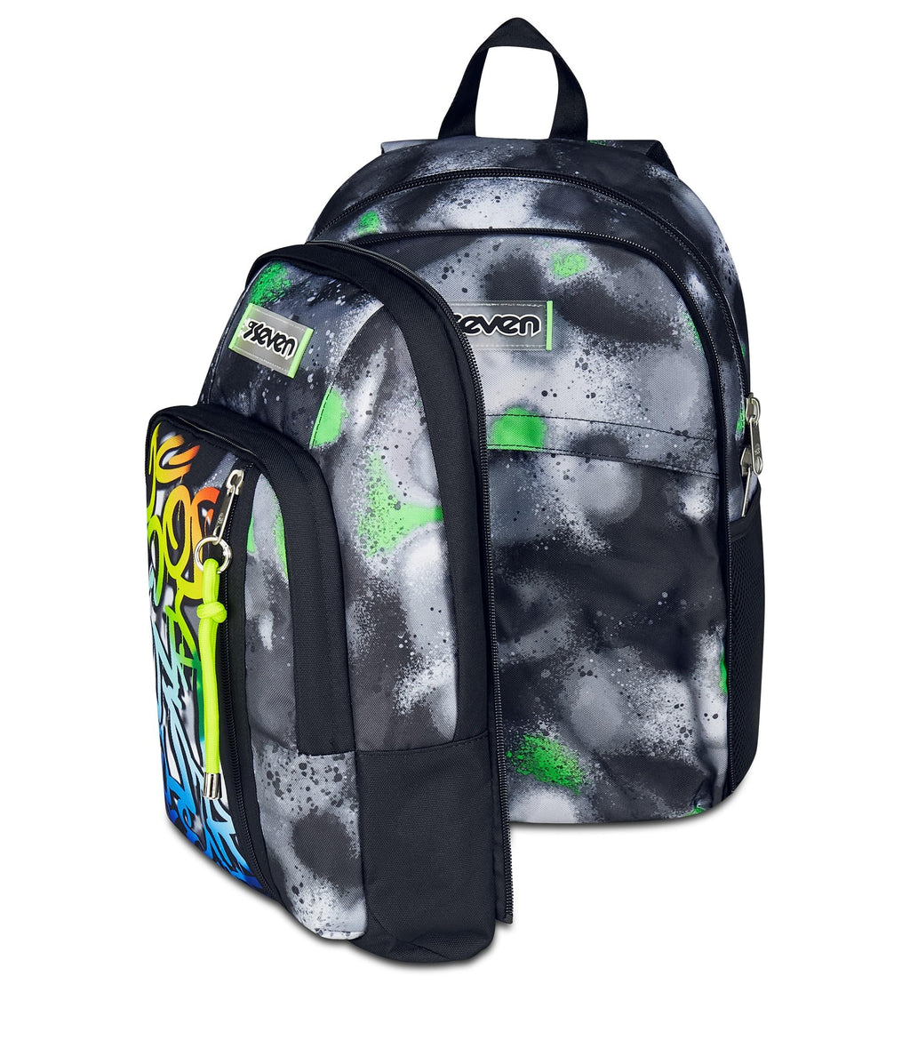 Seven Zaino Scuola Dual Detach – Nero Verde – 32 Litri – Scomparto Staccabile e Tasca PC