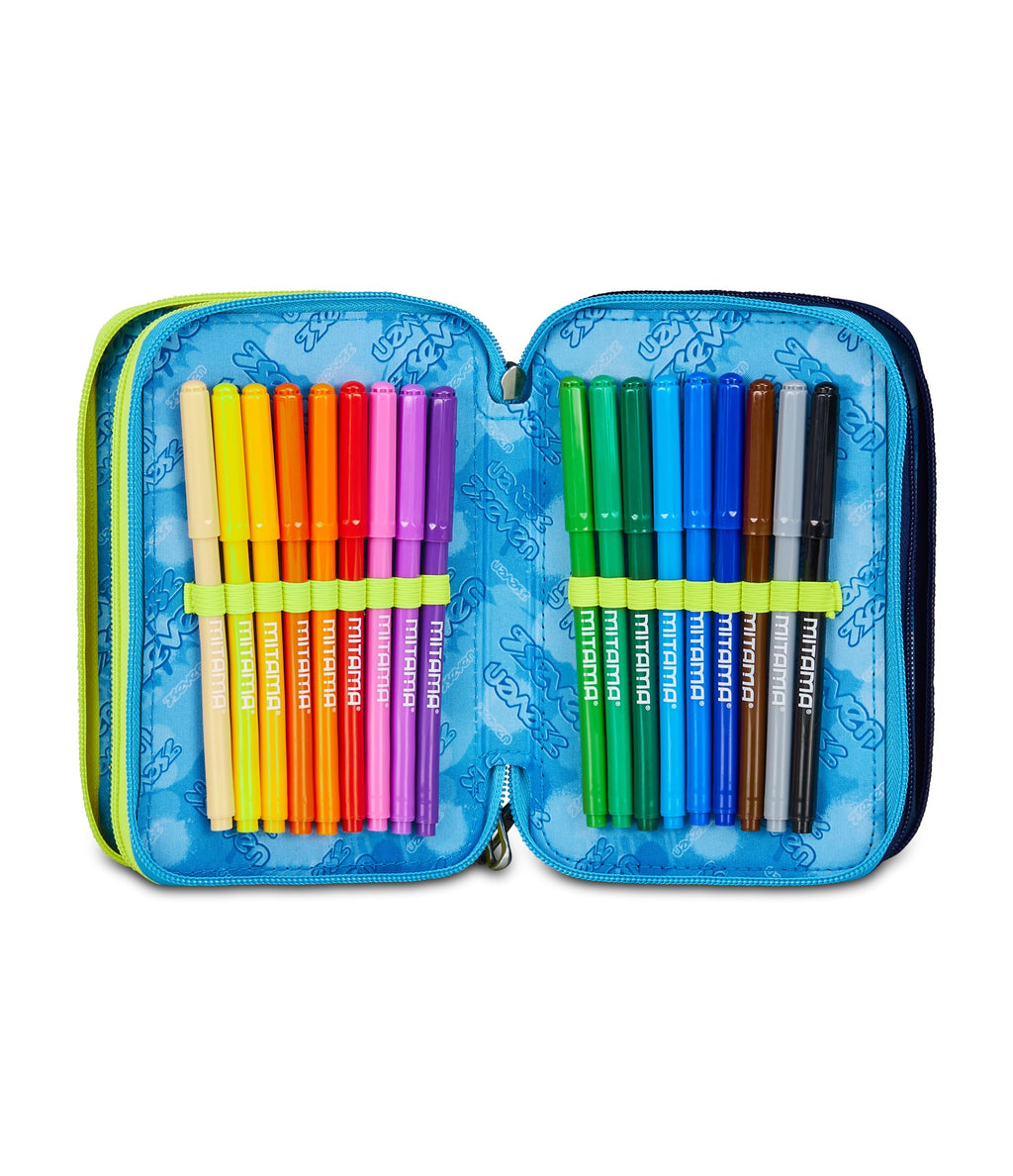 Astuccio Seven 3 Zip Blu – 3 Scomparti, Completo con 44 Pezzi, Scuola Elementare