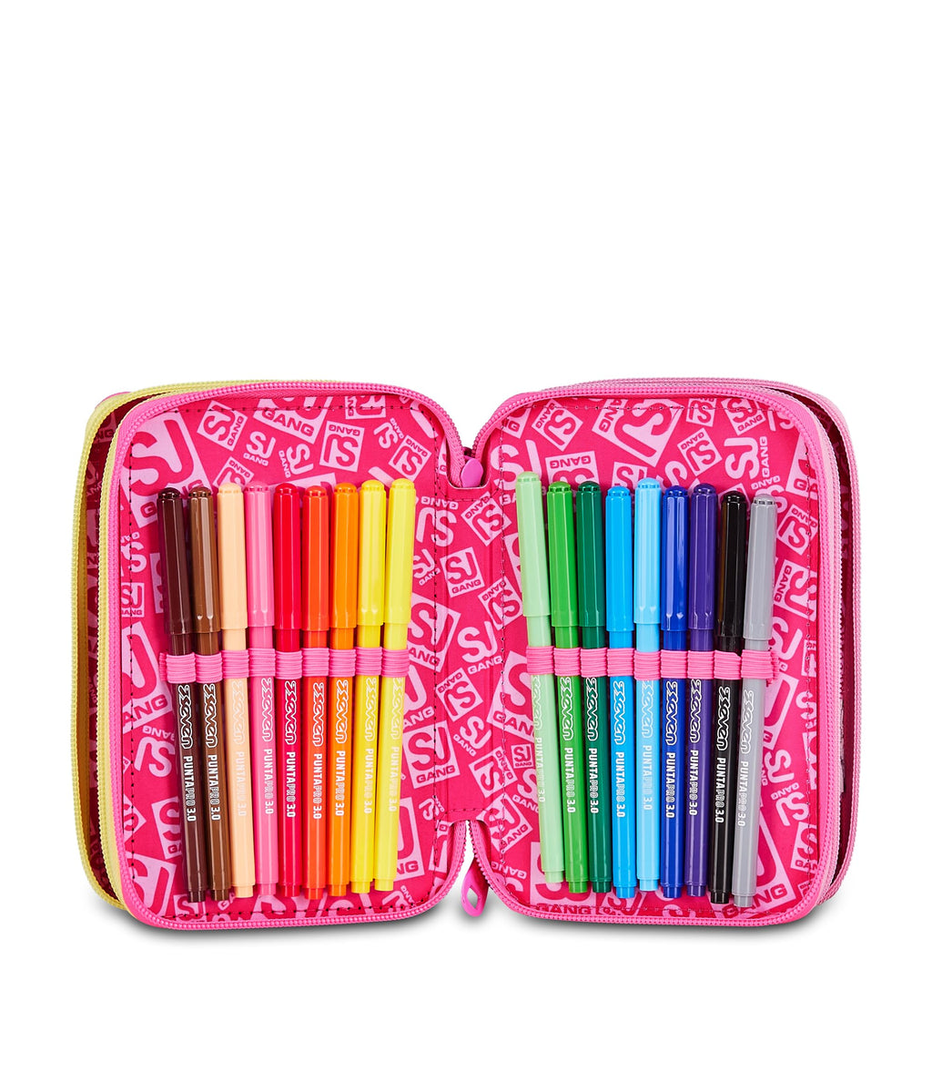 SJ Gang Astuccio Scuola 3 Zip Joyful Pins Girl – Rosa, 45 Pezzi Completo | Triplo Scomparto | Scuola Elementare Bambina