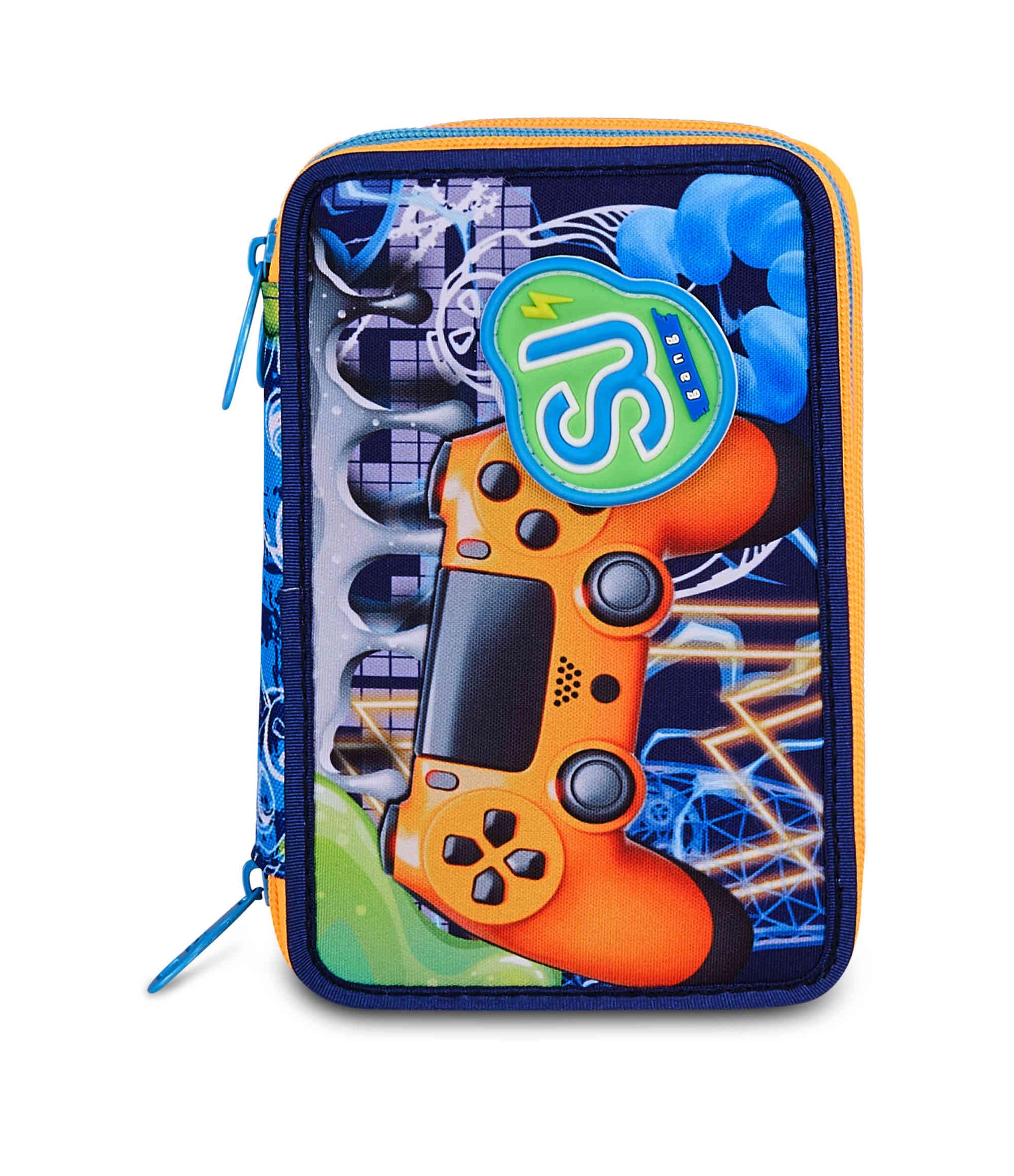 SJ Gang Astuccio Scuola 3 Zip Joyful Pins Boy – Blu, 45 Pezzi Completo | Triplo Scomparto | Scuola Elementare Bambino