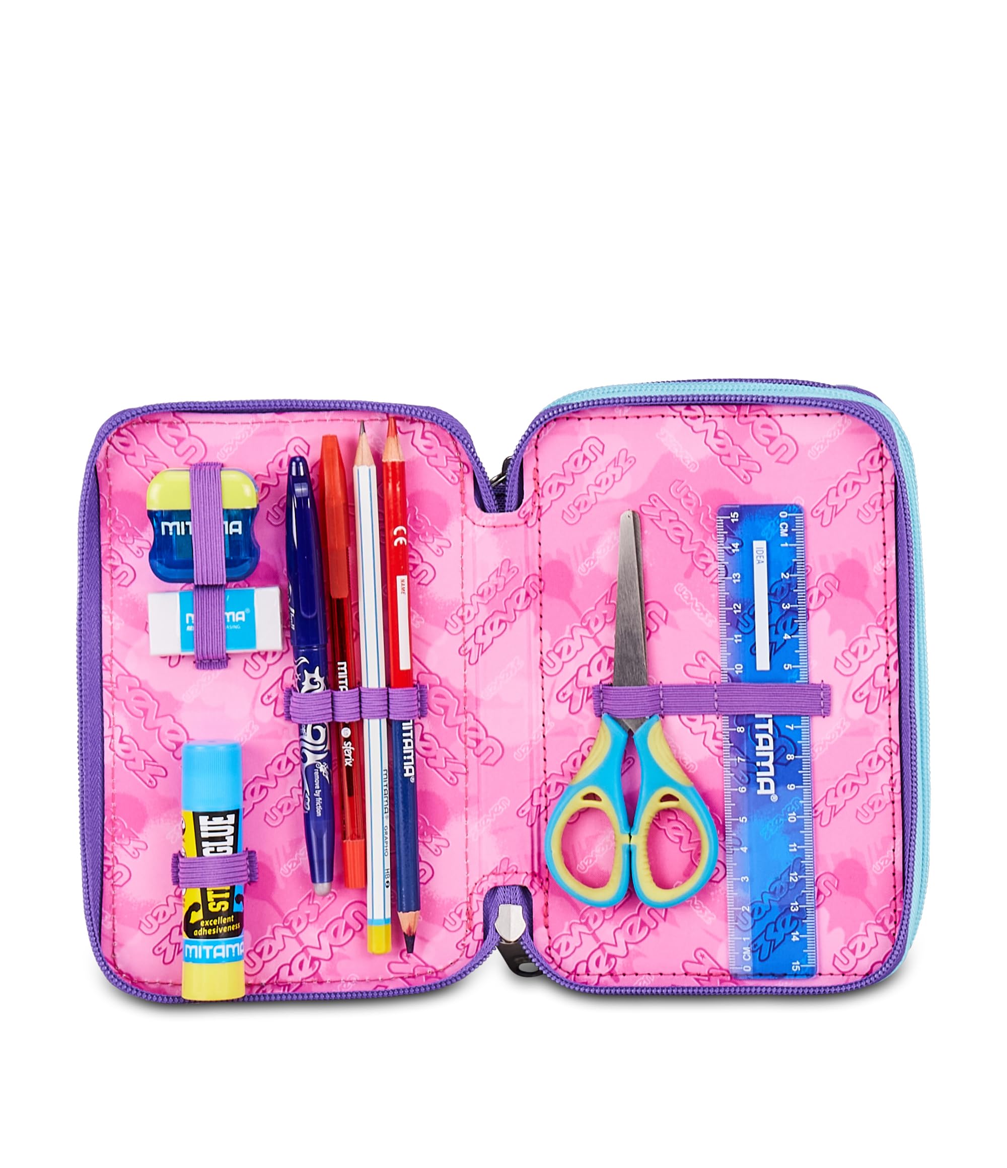 Seven Astuccio Scuola 3 Zip Lovepass – Viola, 45 Pezzi Completo | Triplo Scomparto | Scuola Elementare Bambina