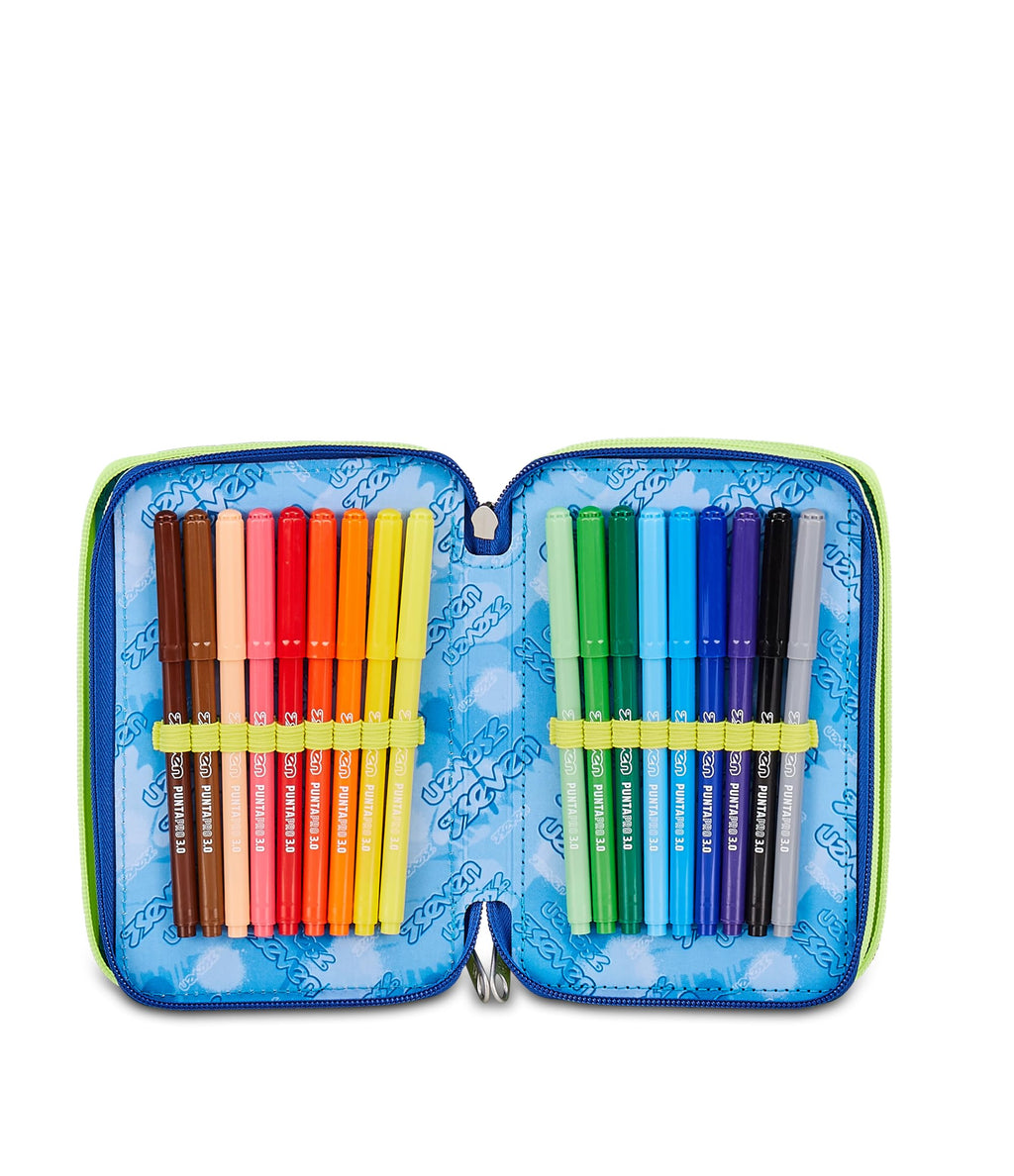 Seven Astuccio Scuola 3 Zip Blu Fusion – Blu, 45 Pezzi Completo | Triplo Scomparto | Scuola Elementare Bambino