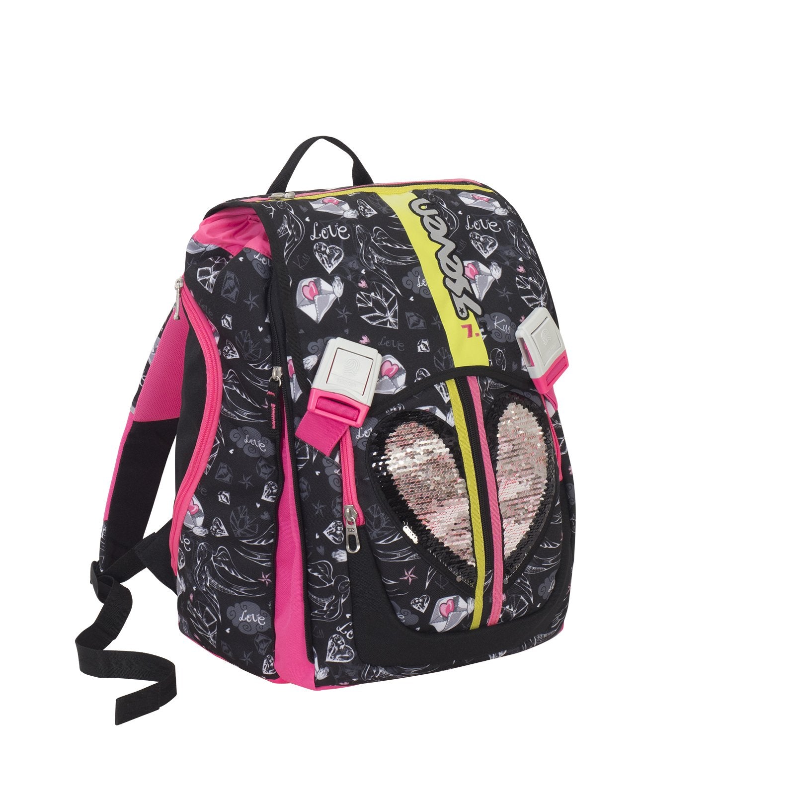 Seven Zaino Scuola Heart Sdoppiabile Estensibile – Fibbie e Paillettes Reversibili – Edizione 2