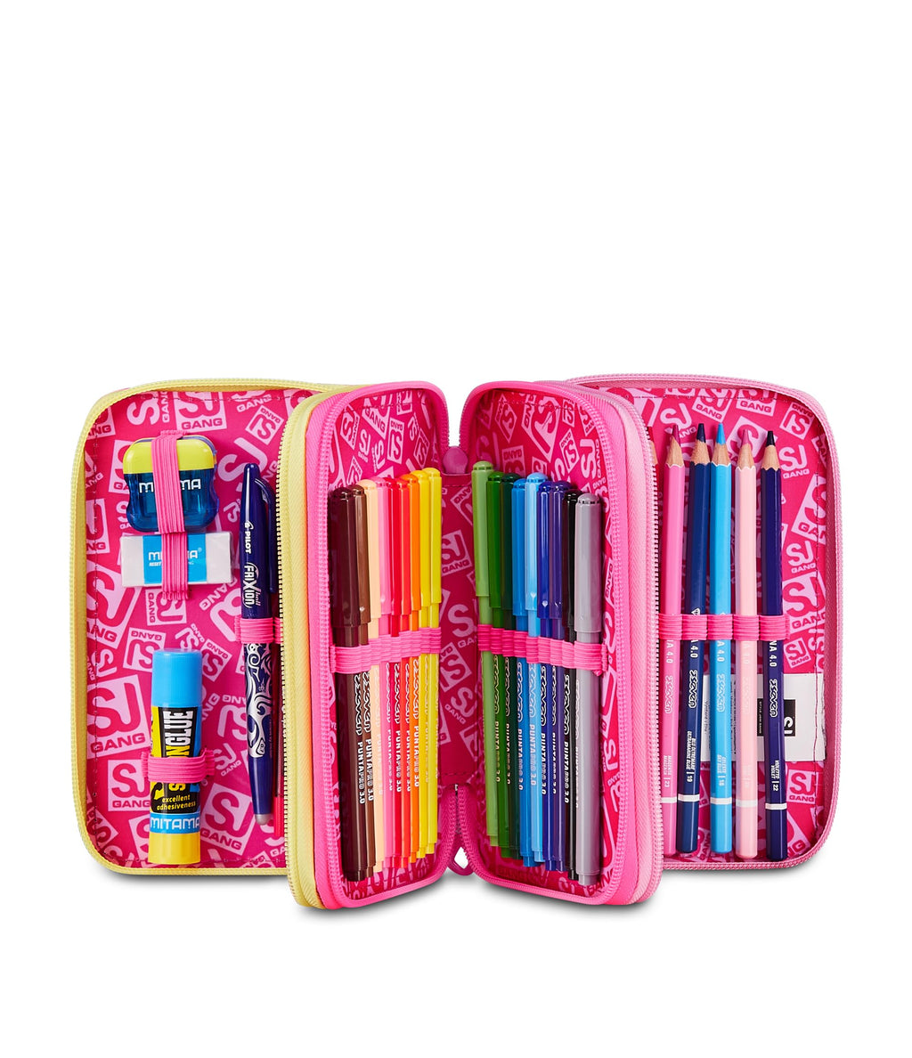 SJ Gang Astuccio Scuola 3 Zip Joyful Pins Girl – Rosa, 45 Pezzi Completo | Triplo Scomparto | Scuola Elementare Bambina
