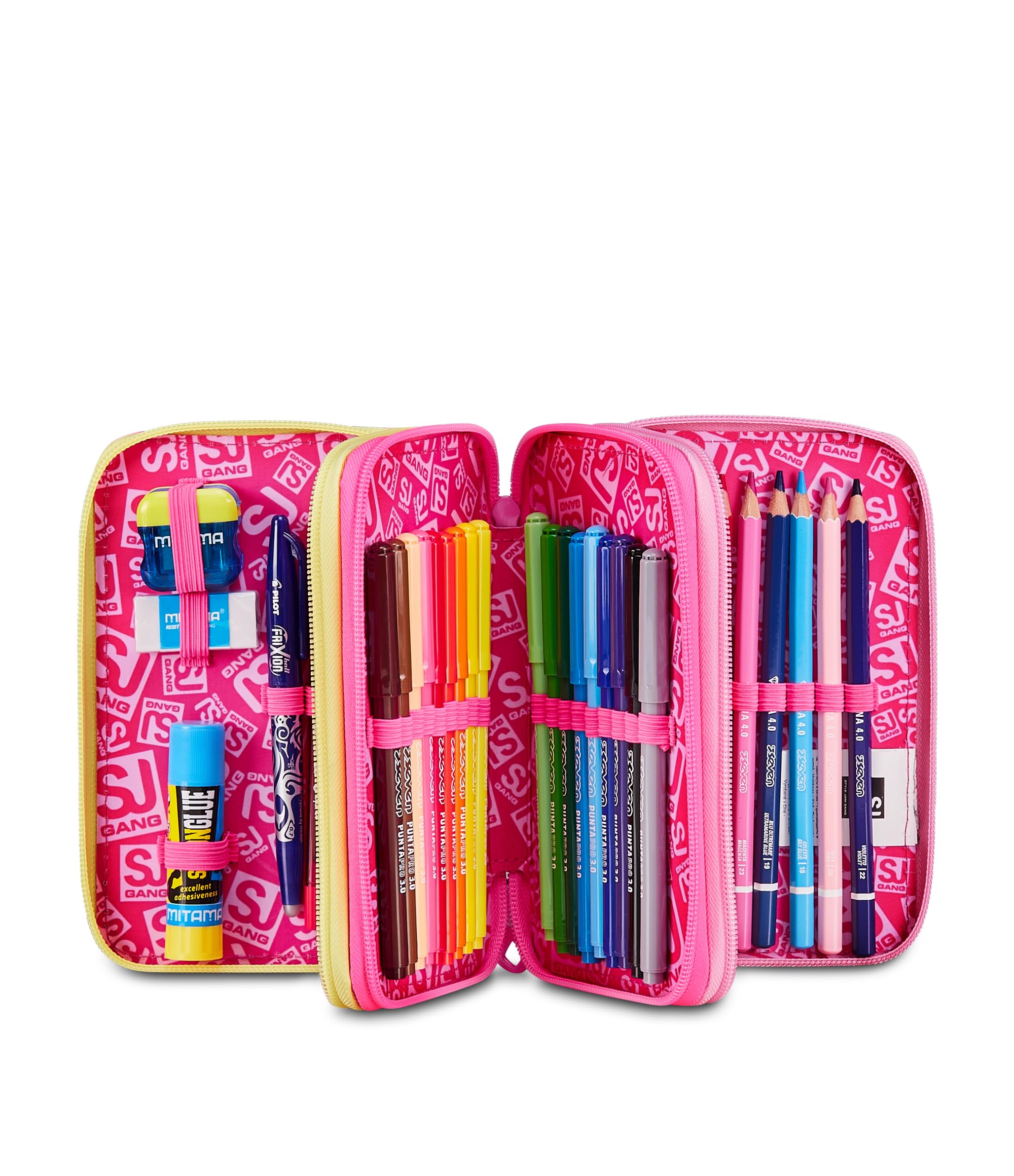 SJ Gang Astuccio Scuola 3 Zip Joyful Pins Girl – Rosa, 45 Pezzi Completo | Triplo Scomparto | Scuola Elementare Bambina