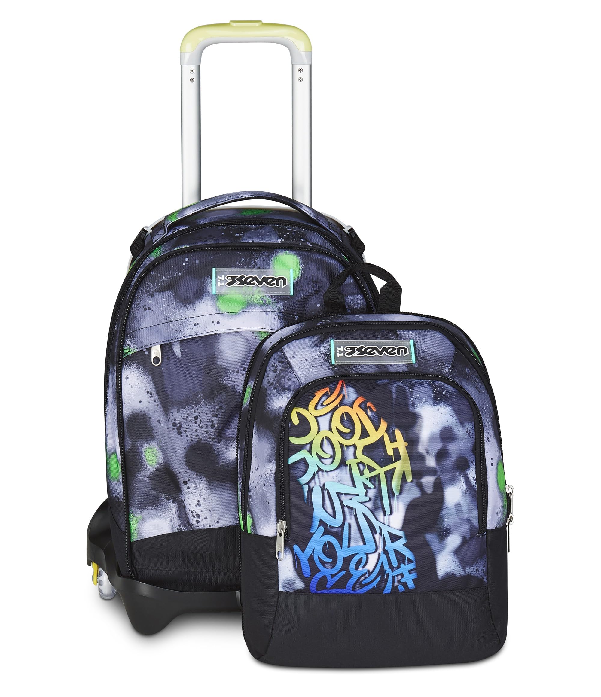 Seven Trolley Scuola Jack 3 Ruote Detach – Nero Verde – 37 Litri con Zainetto Staccabile