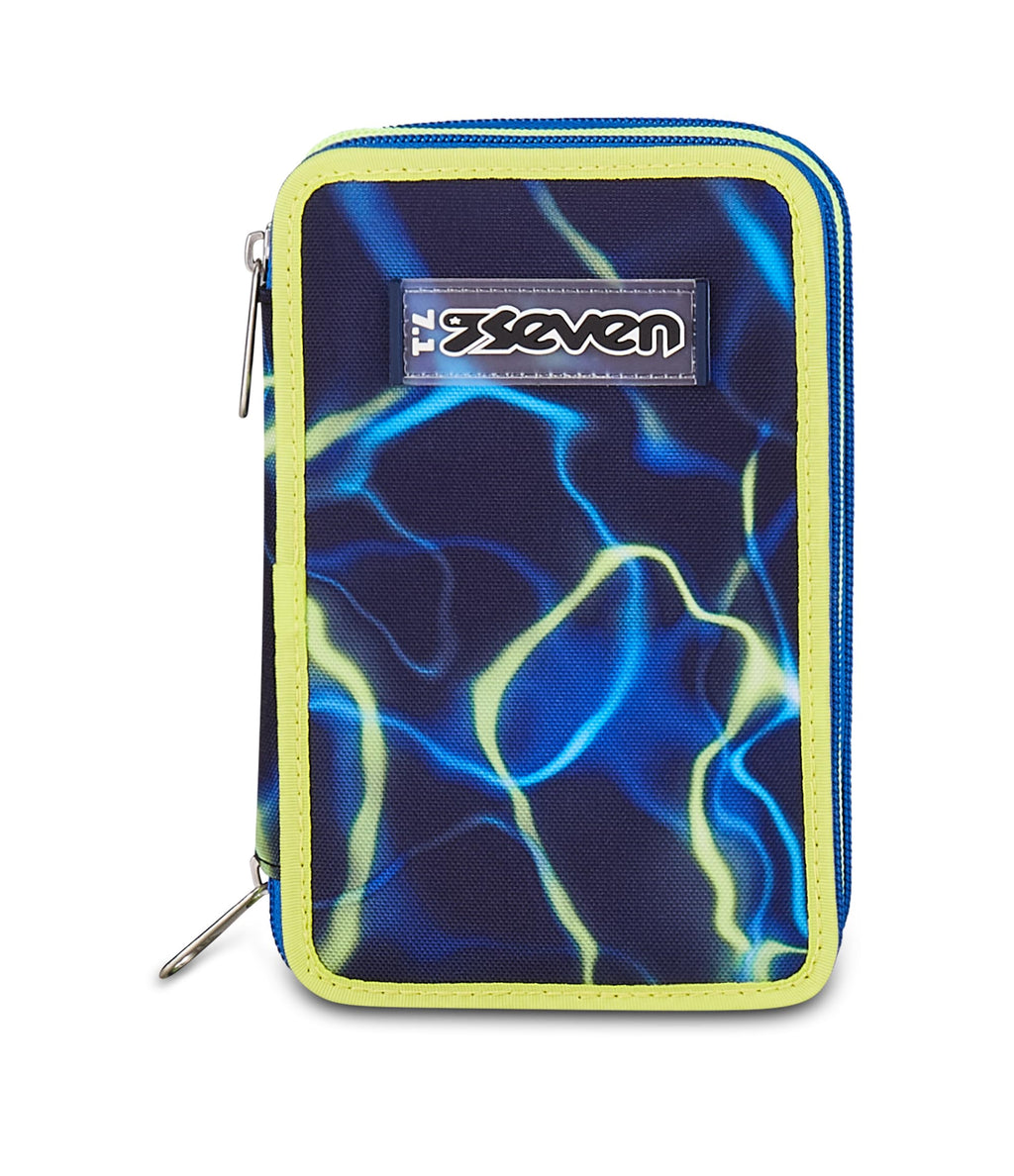 Seven Astuccio Scuola 3 Zip ElectricVibe Boy – Blu, 45 Pezzi Completo | Triplo Scomparto | Scuola Elementare