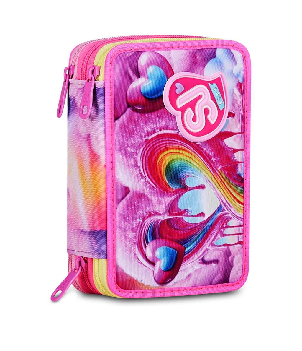 SJ Gang Astuccio Scuola 3 Zip Joyful Pins Girl – Rosa, 45 Pezzi Completo | Triplo Scomparto | Scuola Elementare Bambina