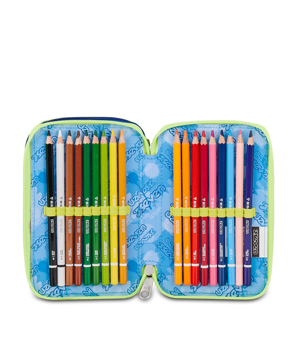 Seven Astuccio Scuola 3 Zip Blu Fusion – Blu, 45 Pezzi Completo | Triplo Scomparto | Scuola Elementare Bambino