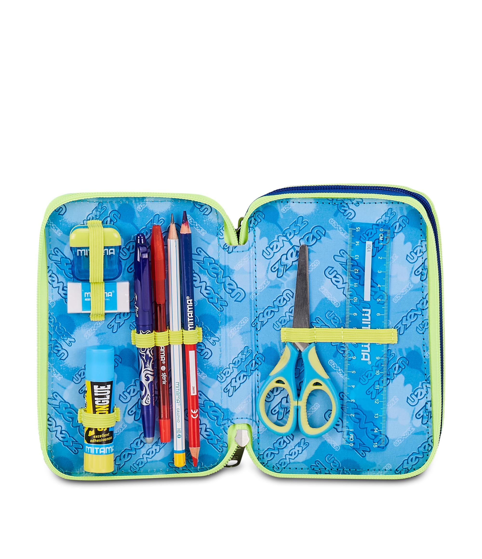 Seven Astuccio Scuola 3 Zip Blu Fusion – Blu, 45 Pezzi Completo | Triplo Scomparto | Scuola Elementare Bambino
