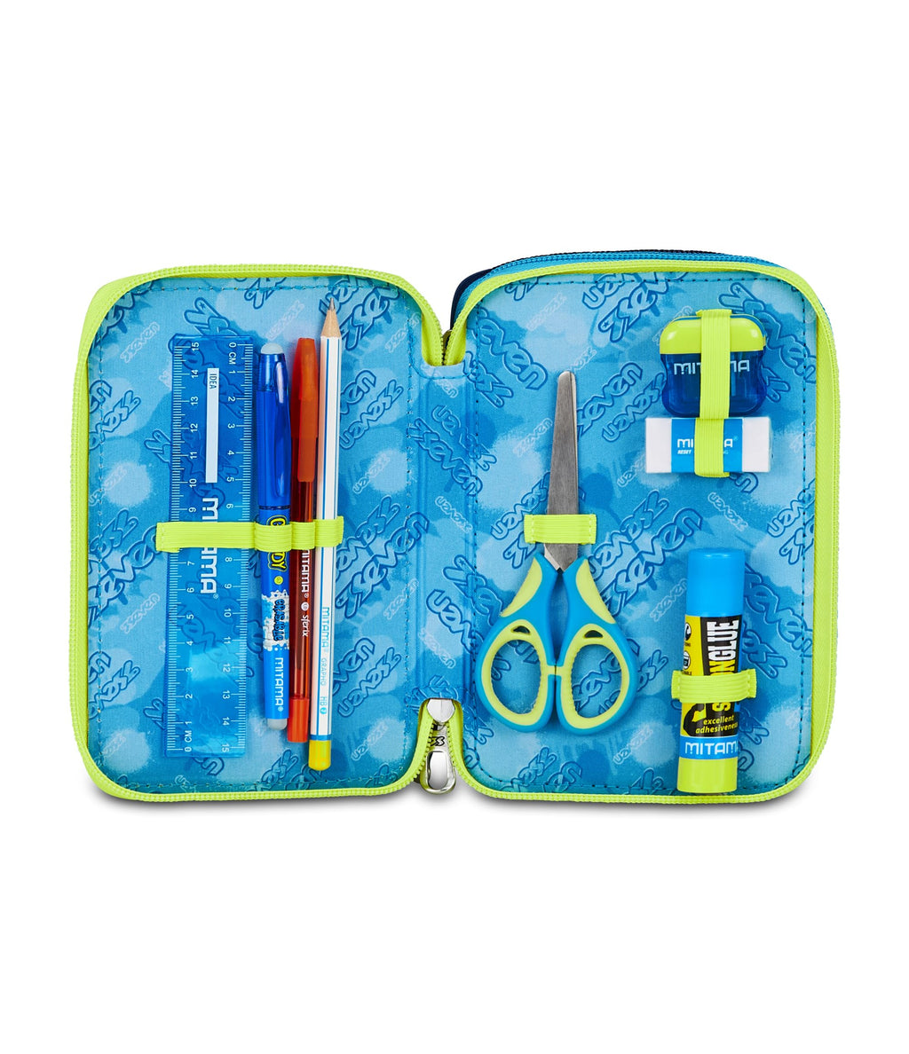 Astuccio Seven 3 Zip Blu – 3 Scomparti, Completo con 44 Pezzi, Scuola Elementare