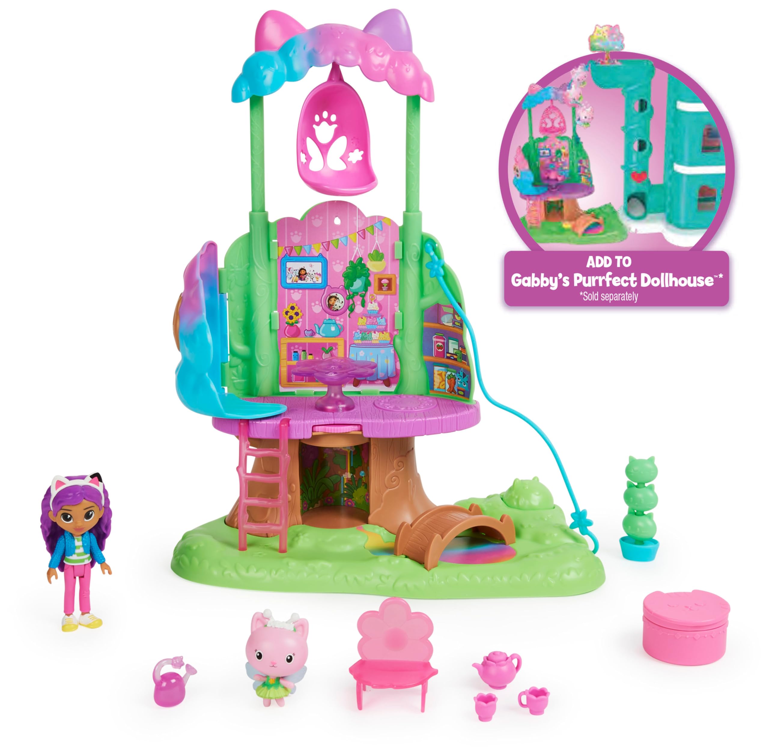 Gabby's Dollhouse – Garden Treehouse con Luci, Zipline, 2 Personaggi, 3 Mobili e Sorpresa | Dai 3 Anni