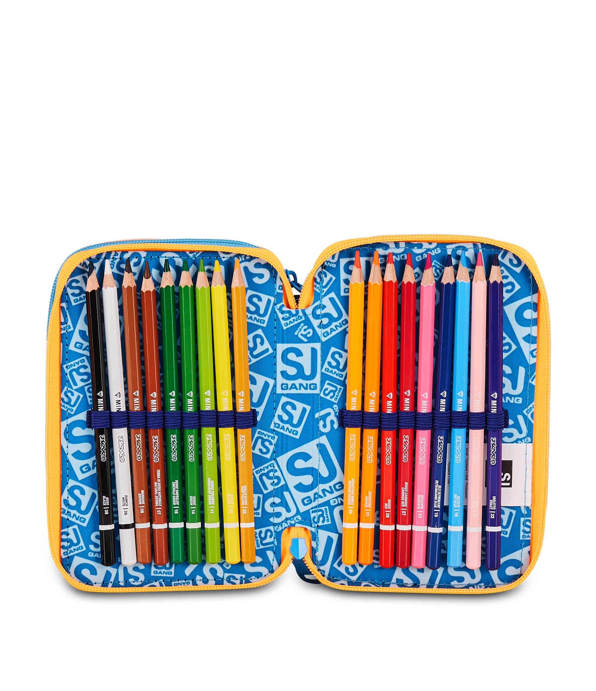 SJ Gang Astuccio Scuola 3 Zip Joyful Pins Boy – Blu, 45 Pezzi Completo | Triplo Scomparto | Scuola Elementare Bambino