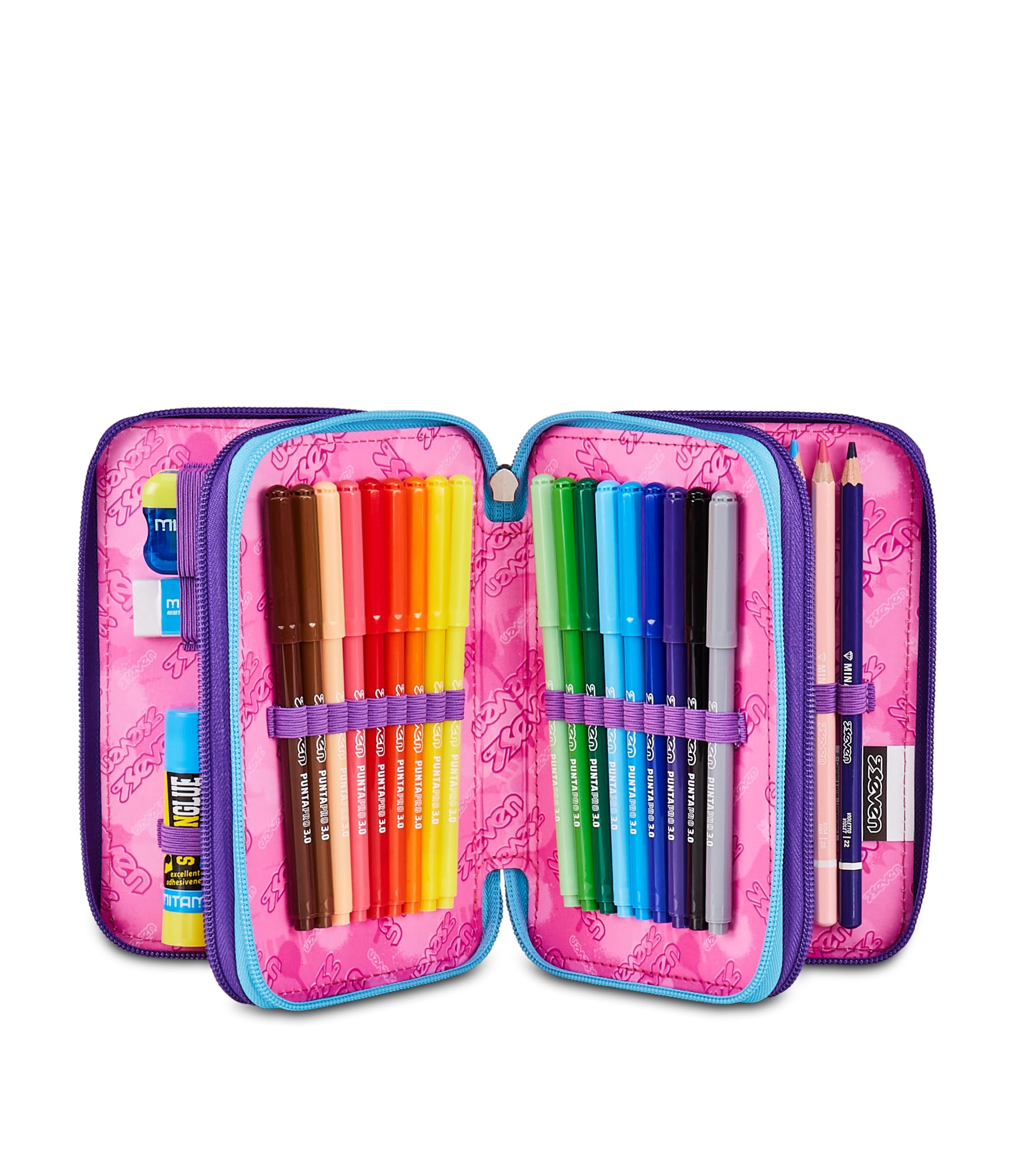 Seven Astuccio Scuola 3 Zip Pink Fusion – Viola, 45 Pezzi Completo | Triplo Scomparto | Scuola Elementare Bambina