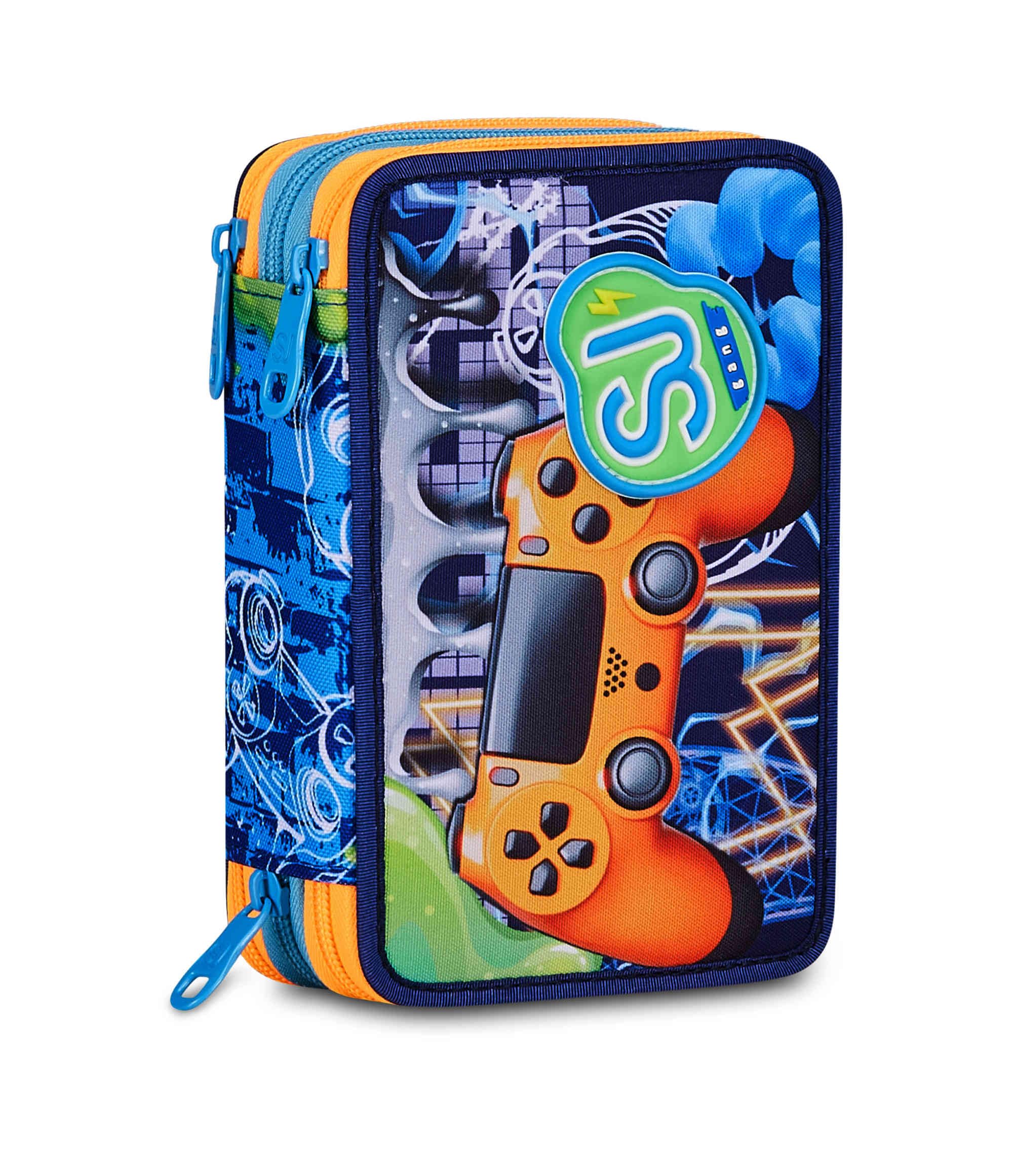 SJ Gang Astuccio Scuola 3 Zip Joyful Pins Boy – Blu, 45 Pezzi Completo | Triplo Scomparto | Scuola Elementare Bambino