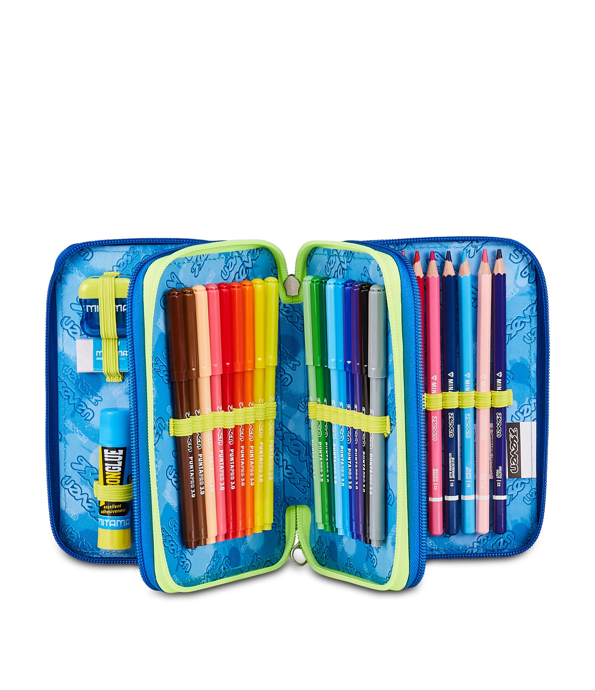 Seven Astuccio Scuola 3 Zip ElectricVibe Boy – Blu, 45 Pezzi Completo | Triplo Scomparto | Scuola Elementare