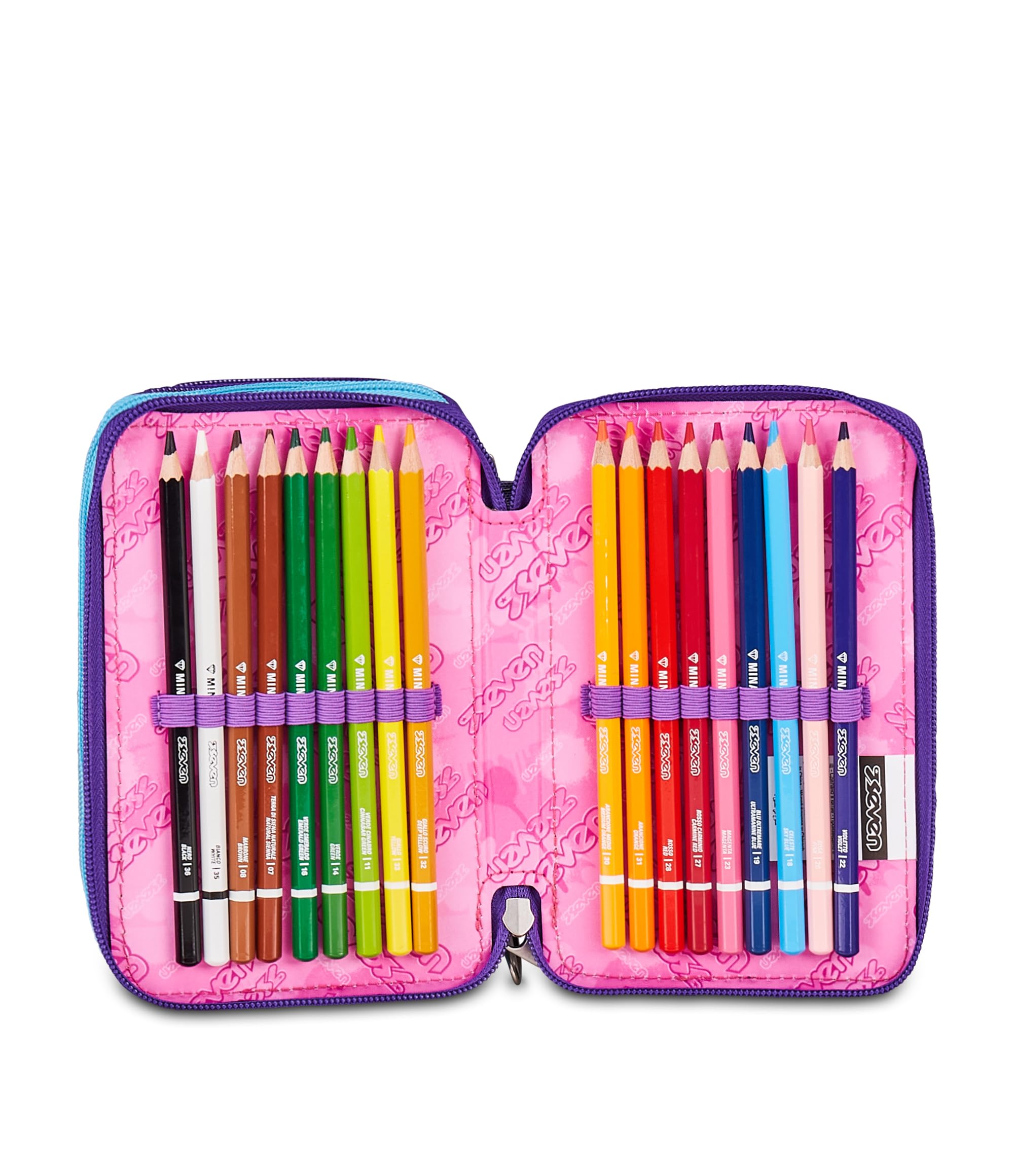 Seven Astuccio Scuola 3 Zip Pink Fusion – Viola, 45 Pezzi Completo | Triplo Scomparto | Scuola Elementare Bambina