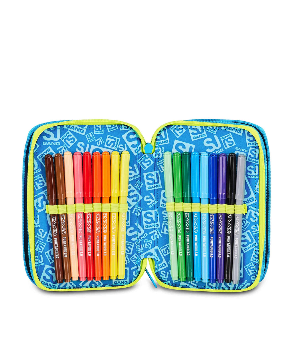 SJ Gang Astuccio Scuola 3 Zip 3D GlowGame – Blu, Pallone in Rilievo, 45 Pezzi Completo | Scuola Elementare