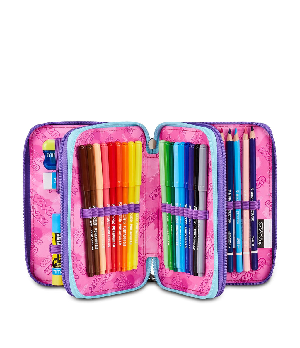 Seven Astuccio Scuola 3 Zip Lovepass – Viola, 45 Pezzi Completo | Triplo Scomparto | Scuola Elementare Bambina