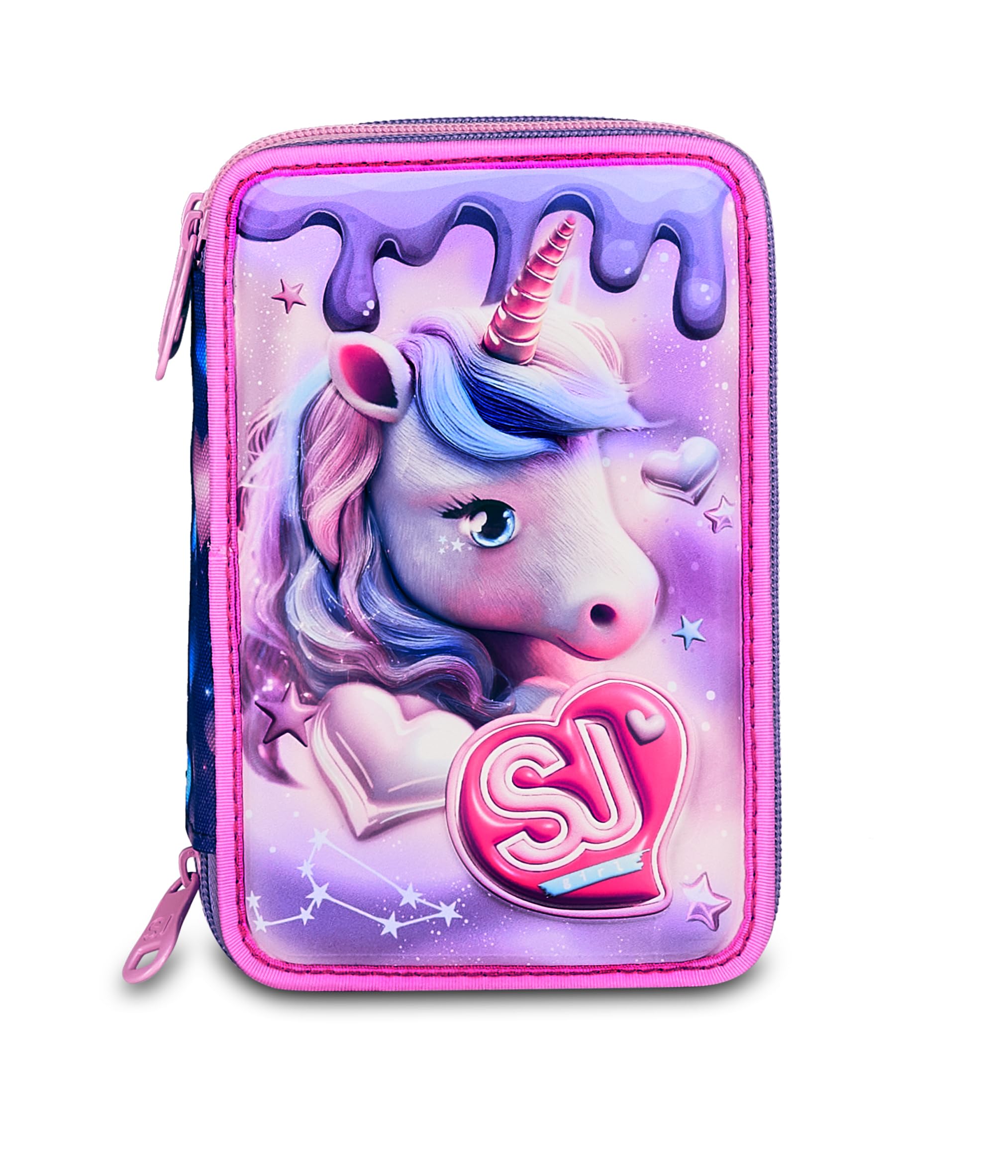 SJ Gang Astuccio Scuola 3 Zip 3D Pixie Unicorn – Rosa, Unicorno in Rilievo, 45 Pezzi | Scuola Elementare Bambina