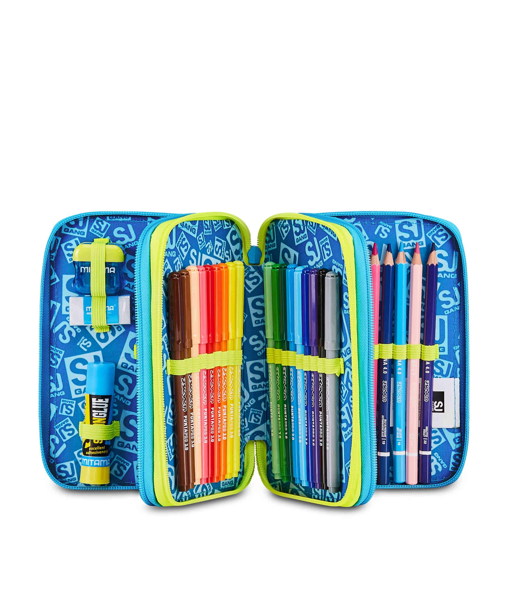 SJ Gang Astuccio Scuola 3 Zip 3D GlowGame – Blu, Pallone in Rilievo, 45 Pezzi Completo | Scuola Elementare