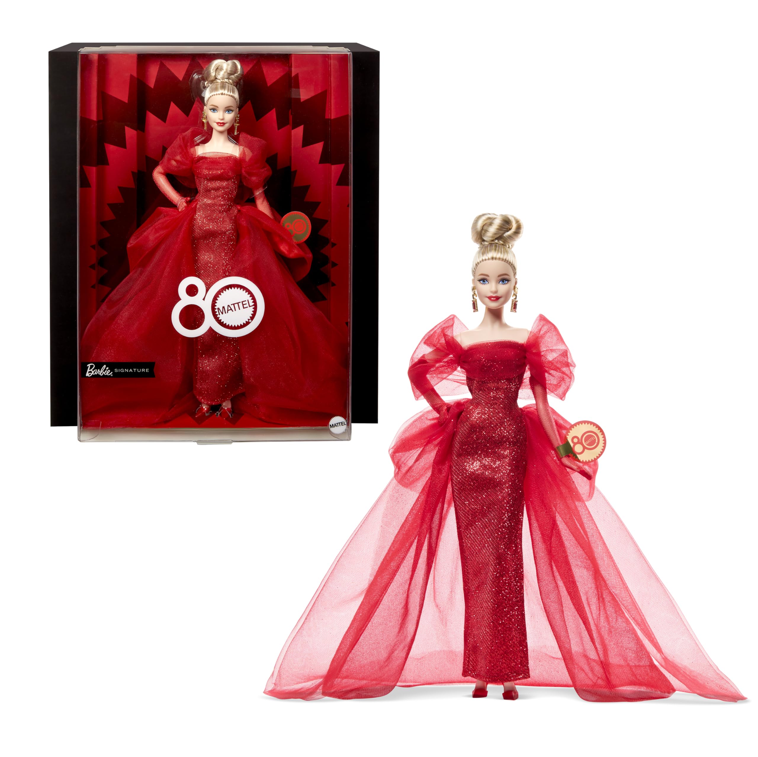 Barbie Signature – 80° Anniversario Mattel | Bambola da Collezione Abito Rosso in Tulle e Glitter | JBJ17