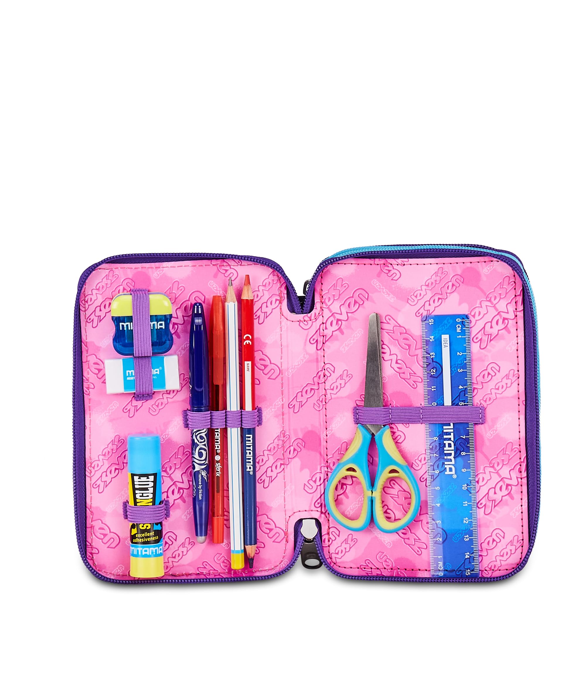 Seven Astuccio Scuola 3 Zip Pink Fusion – Viola, 45 Pezzi Completo | Triplo Scomparto | Scuola Elementare Bambina