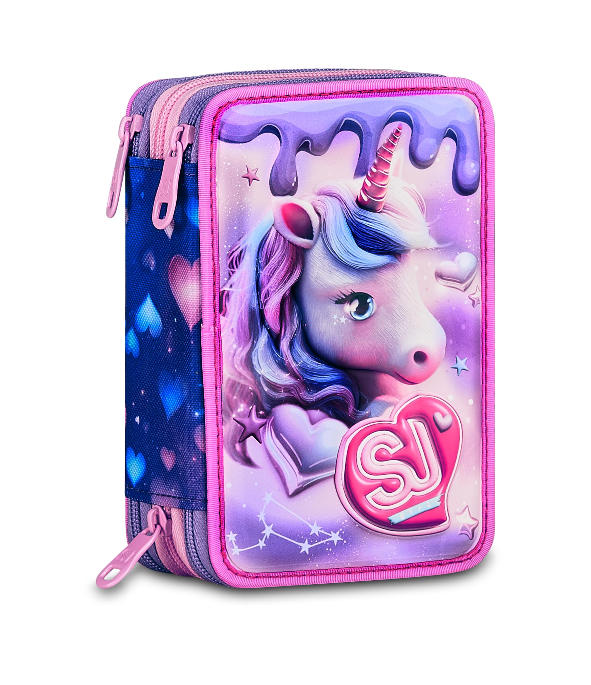 SJ Gang Astuccio Scuola 3 Zip 3D Pixie Unicorn – Rosa, Unicorno in Rilievo, 45 Pezzi | Scuola Elementare Bambina