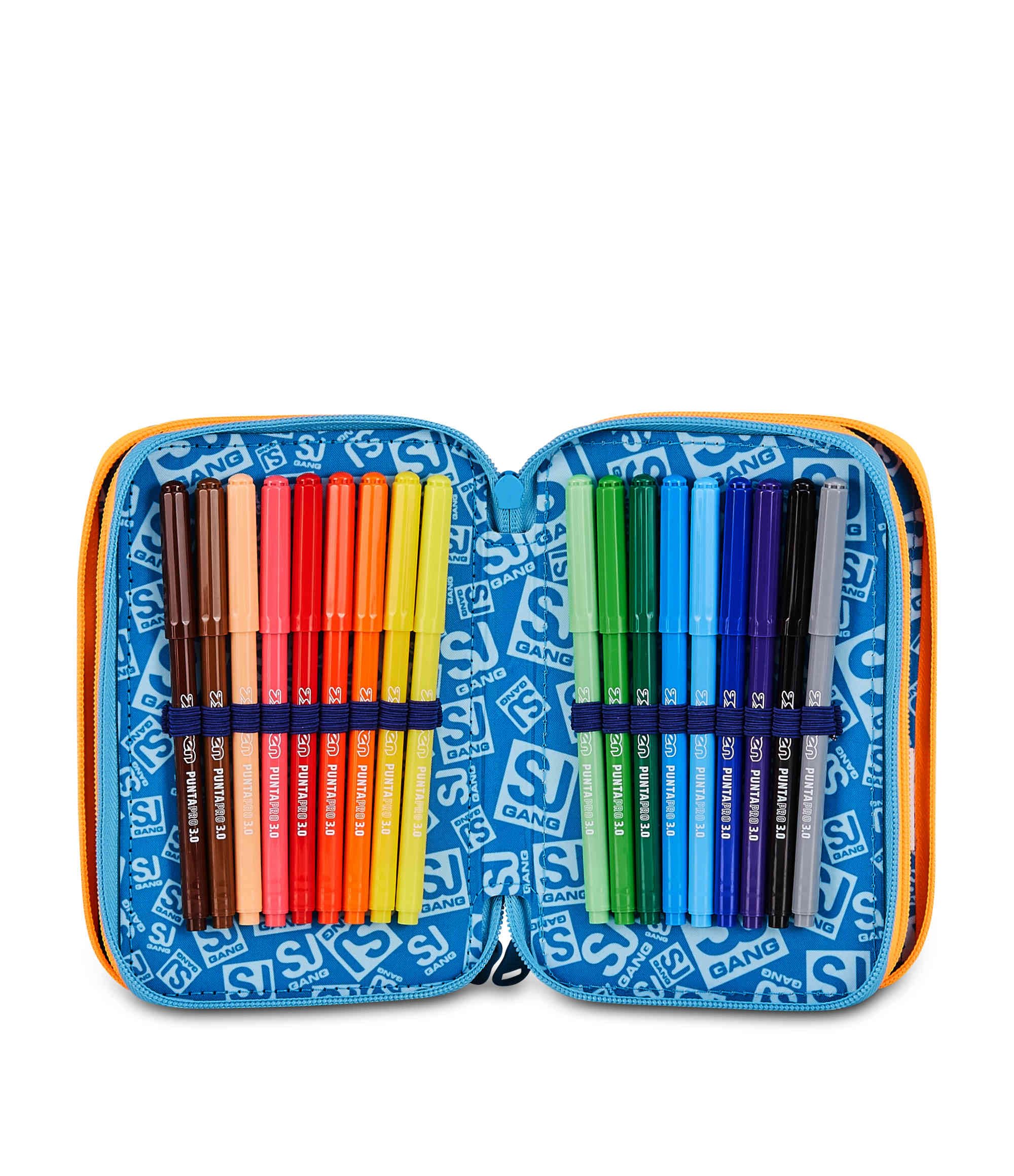SJ Gang Astuccio Scuola 3 Zip Joyful Pins Boy – Blu, 45 Pezzi Completo | Triplo Scomparto | Scuola Elementare Bambino