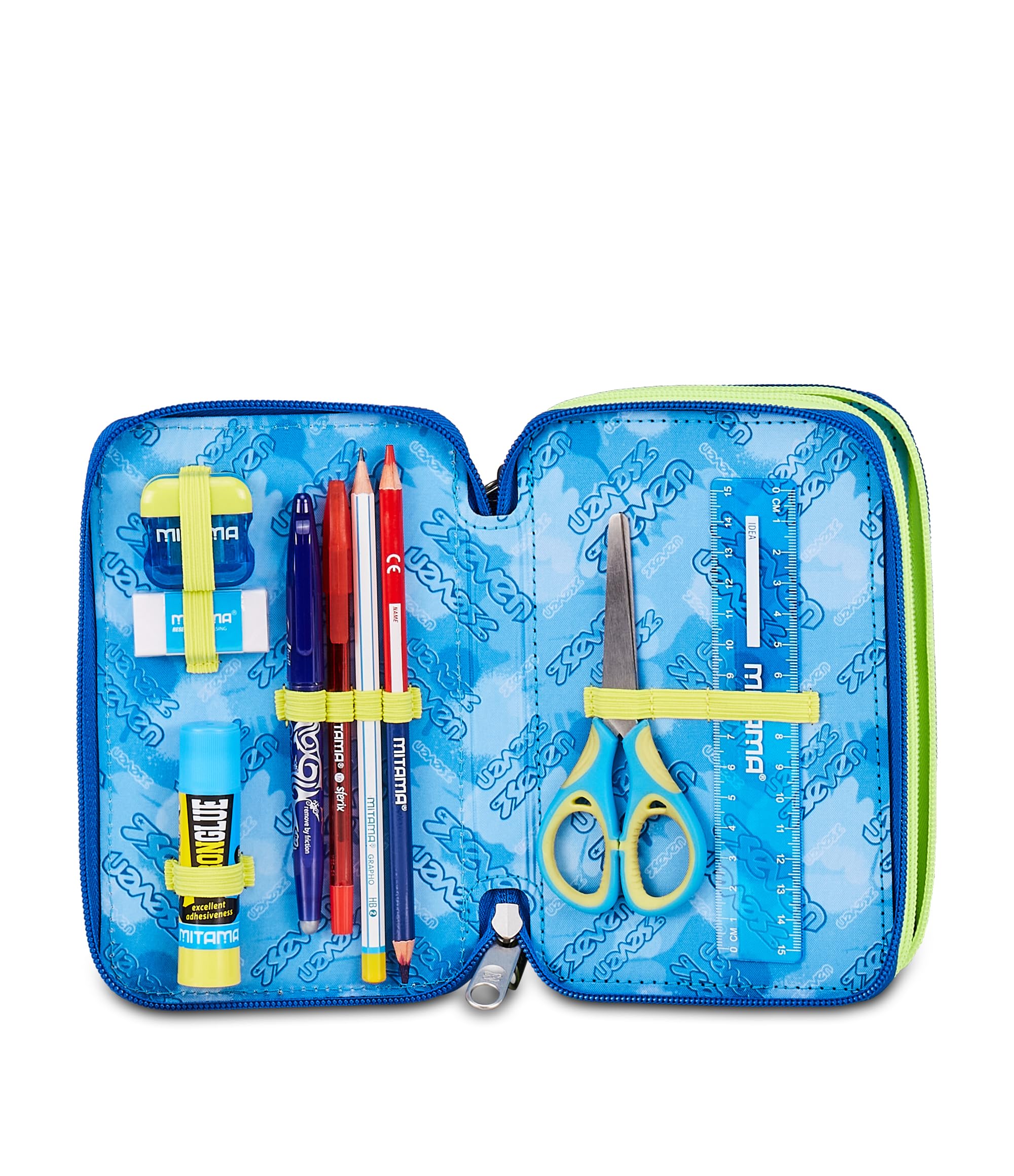 Seven Astuccio Scuola 3 Zip ElectricVibe Boy – Blu, 45 Pezzi Completo | Triplo Scomparto | Scuola Elementare