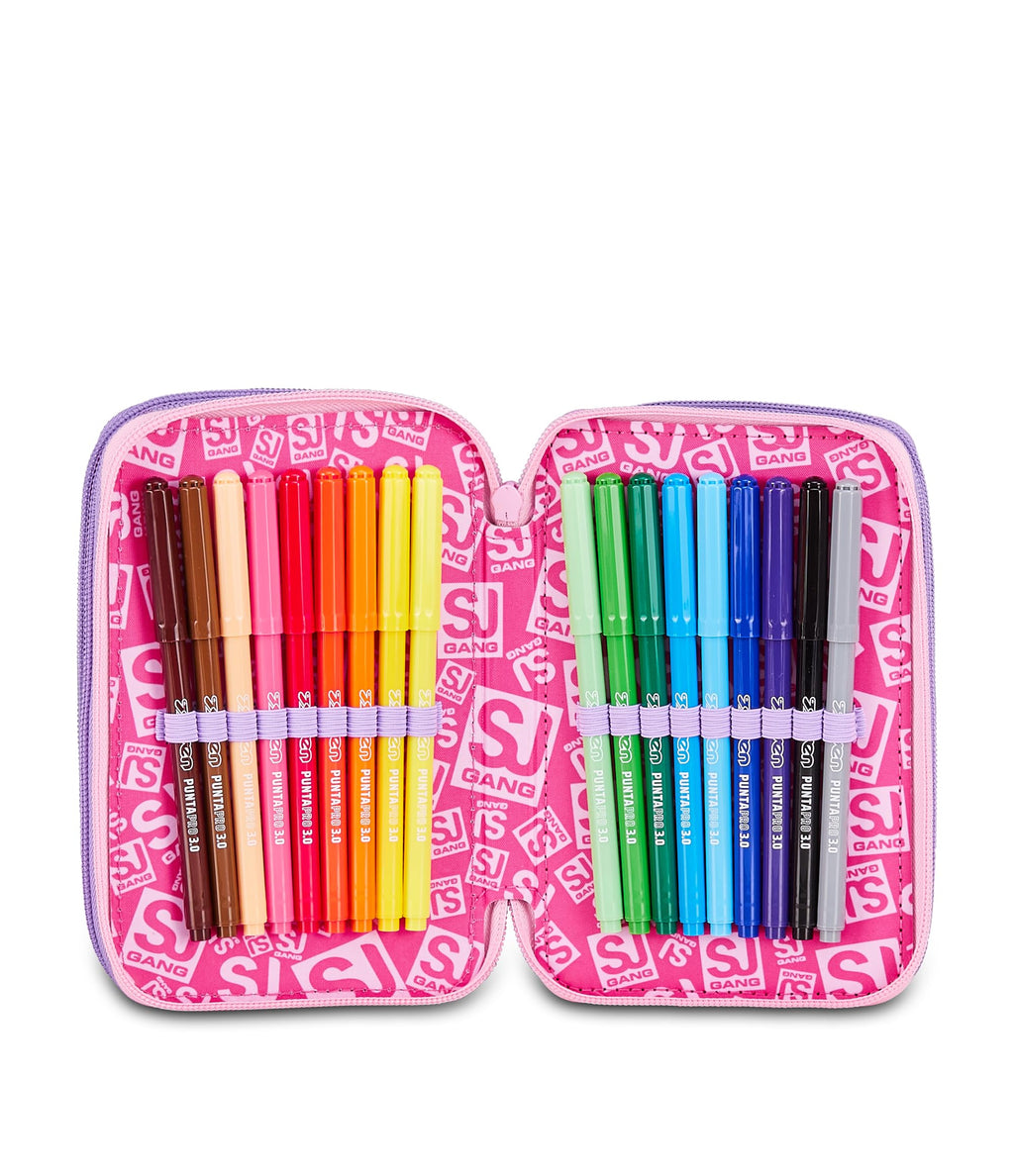 SJ Gang Astuccio Scuola 3 Zip 3D Pixie Unicorn – Rosa, Unicorno in Rilievo, 45 Pezzi | Scuola Elementare Bambina