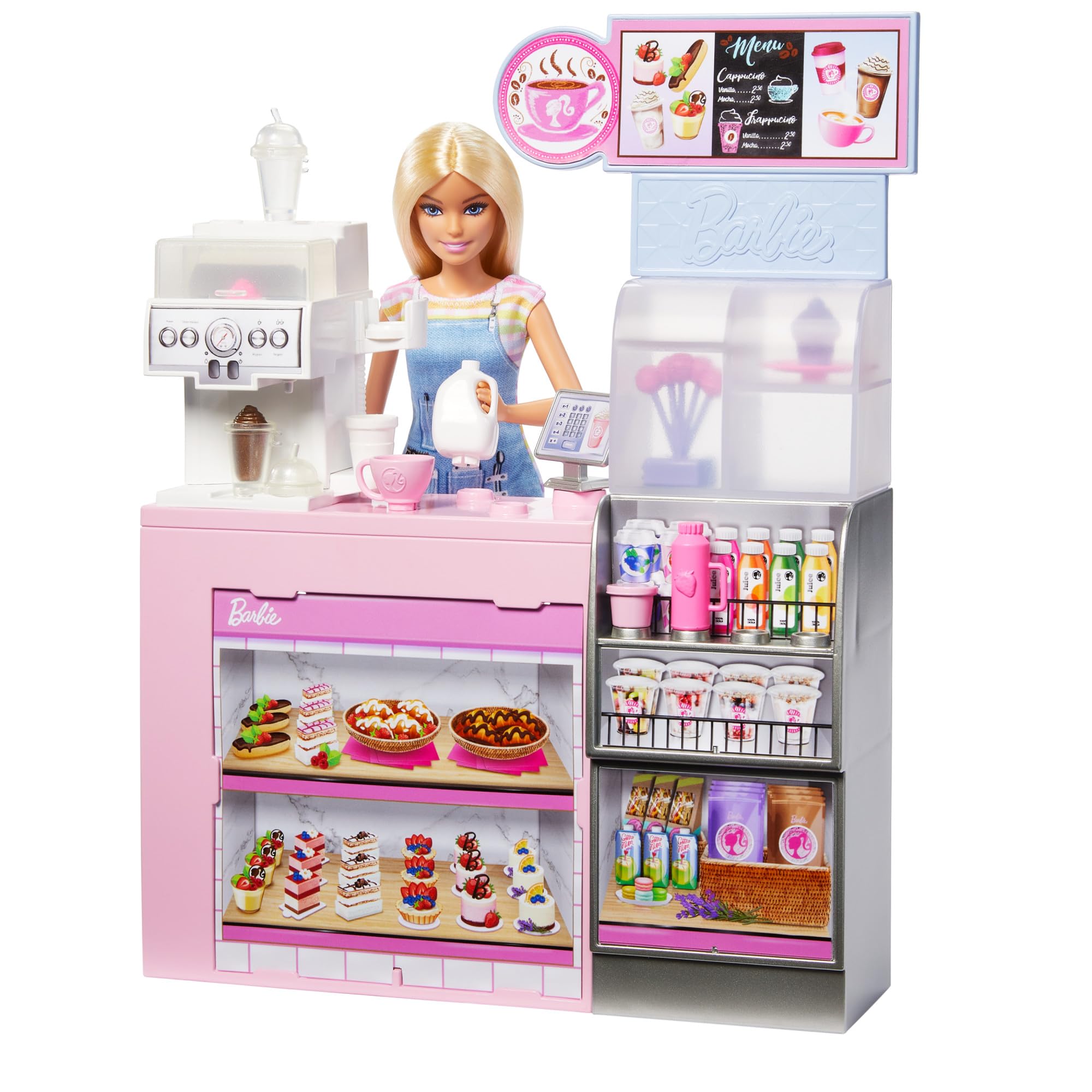 Barbie – Coffee Shop Playset con Bambola Barista Bionda e 12+ Accessori | Macchina Caffè-Smoothie | Dai 3 Anni