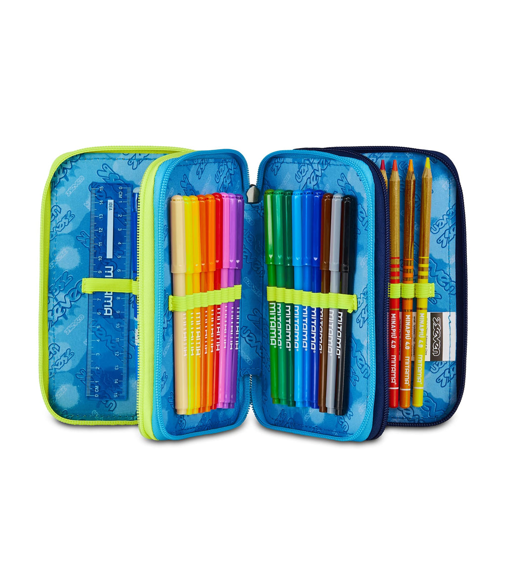 Astuccio Seven 3 Zip Blu – 3 Scomparti, Completo con 44 Pezzi, Scuola Elementare