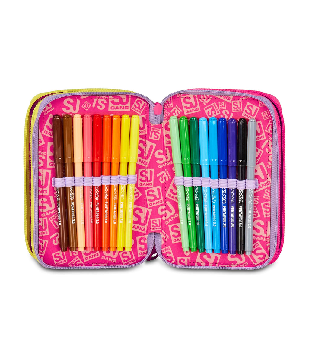 Astuccio SJ Gang Fable Journey 3 Zip Rosa – Completo di Penne, Matite e Colori