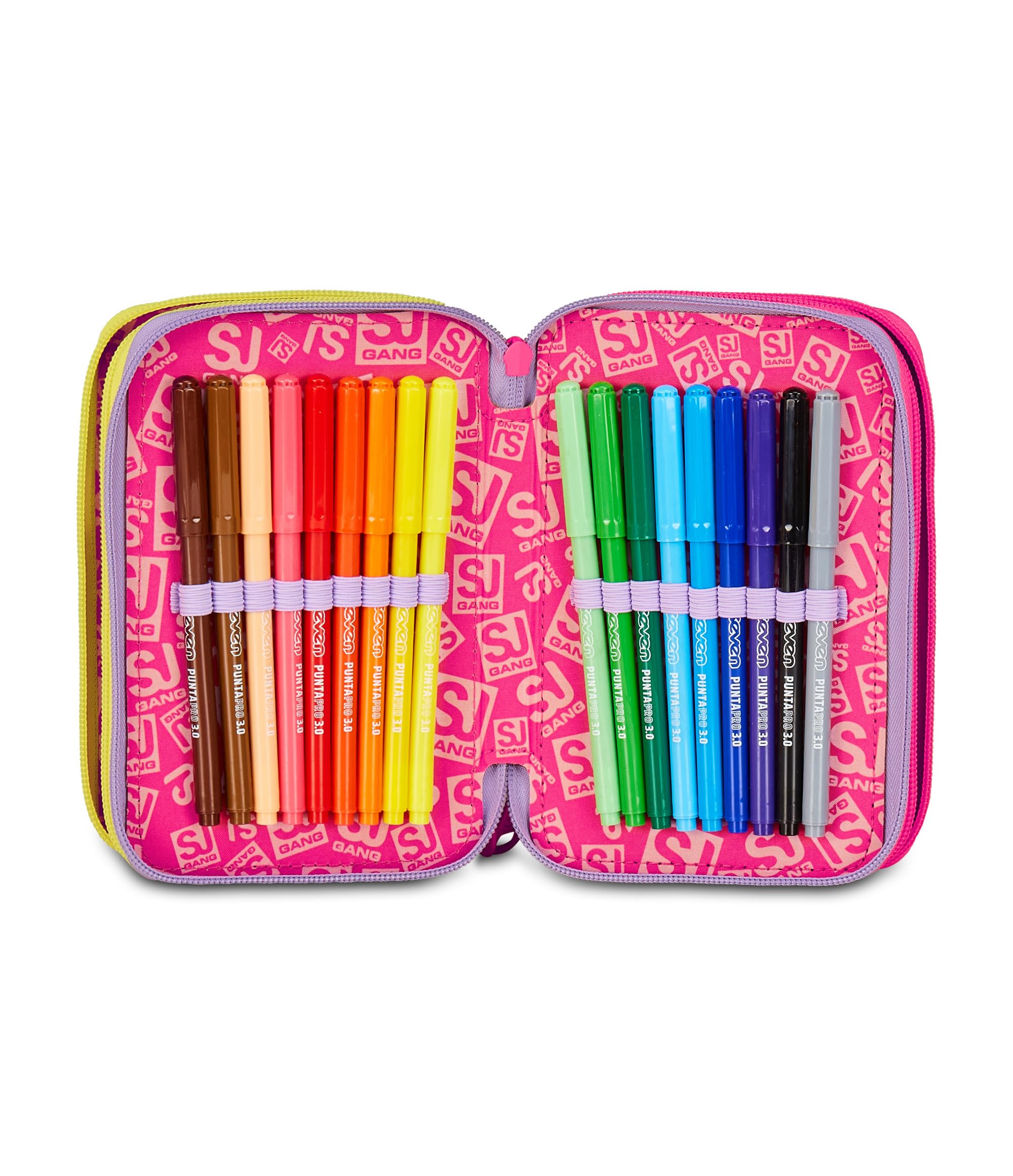 Astuccio SJ Gang Fable Journey 3 Zip Rosa – Completo di Penne, Matite e Colori