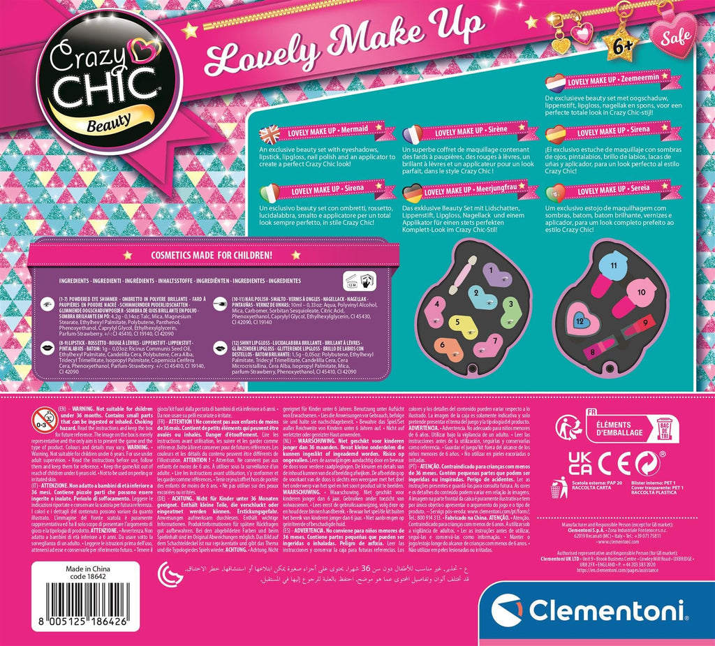Clementoni Crazy Chic - Lovely Make Up Sirena, Trousse Trucchi Lavabili per Bambine 6+ Anni, Set Cosmetici Sicuri, Idea Regalo