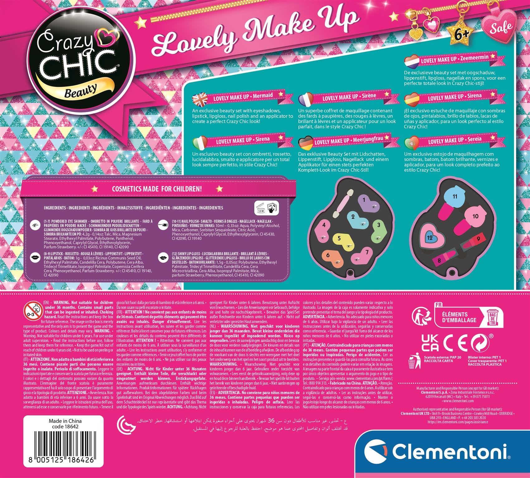 Clementoni Crazy Chic - Lovely Make Up Sirena, Trousse Trucchi Lavabili per Bambine 6+ Anni, Set Cosmetici Sicuri, Idea Regalo
