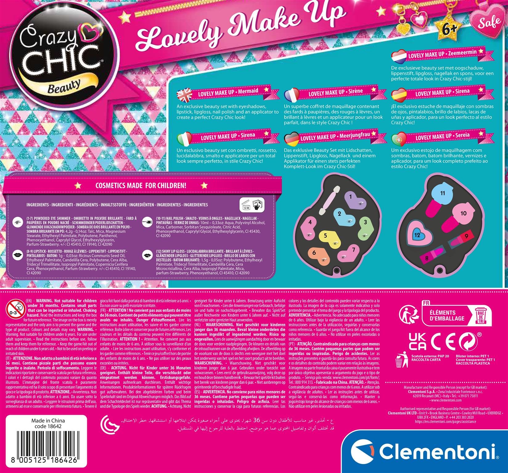 Clementoni Crazy Chic - Lovely Make Up Sirena, Trousse Trucchi Lavabili per Bambine 6+ Anni, Set Cosmetici Sicuri, Idea Regalo
