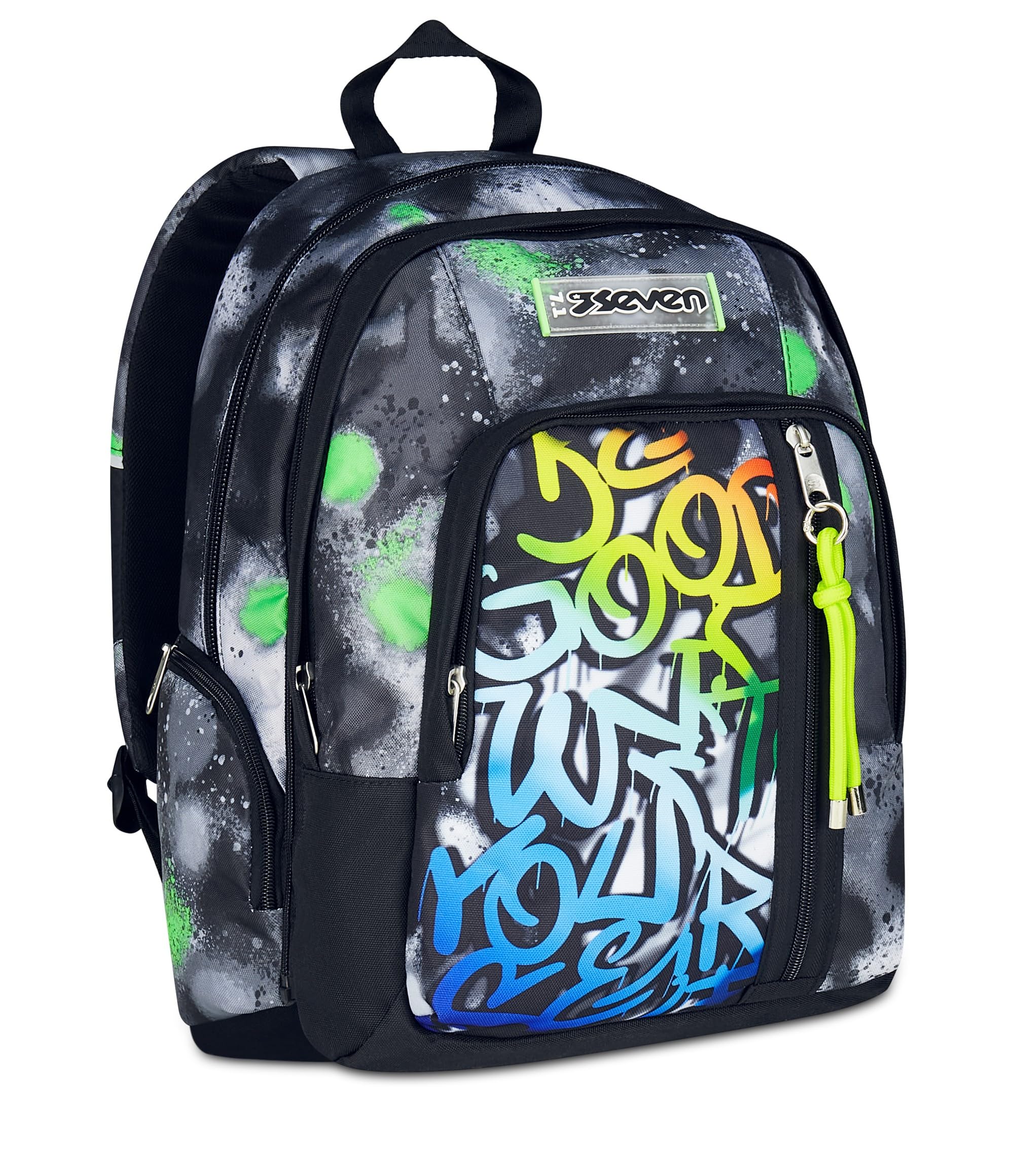 Seven Zaino Scuola Dual Detach – Nero Verde – 32 Litri – Scomparto Staccabile e Tasca PC