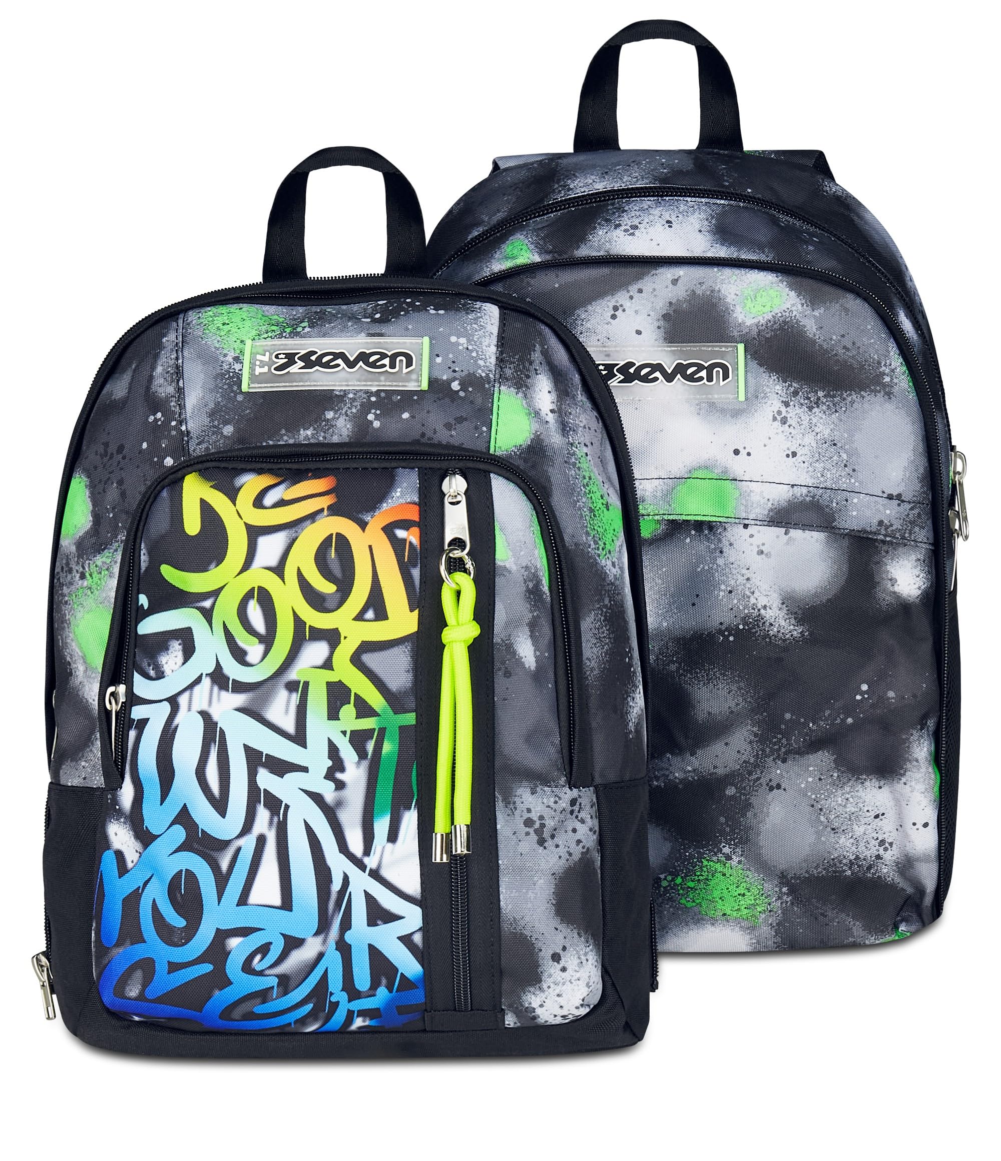 Seven Zaino Scuola Dual Detach – Nero Verde – 32 Litri – Scomparto Staccabile e Tasca PC