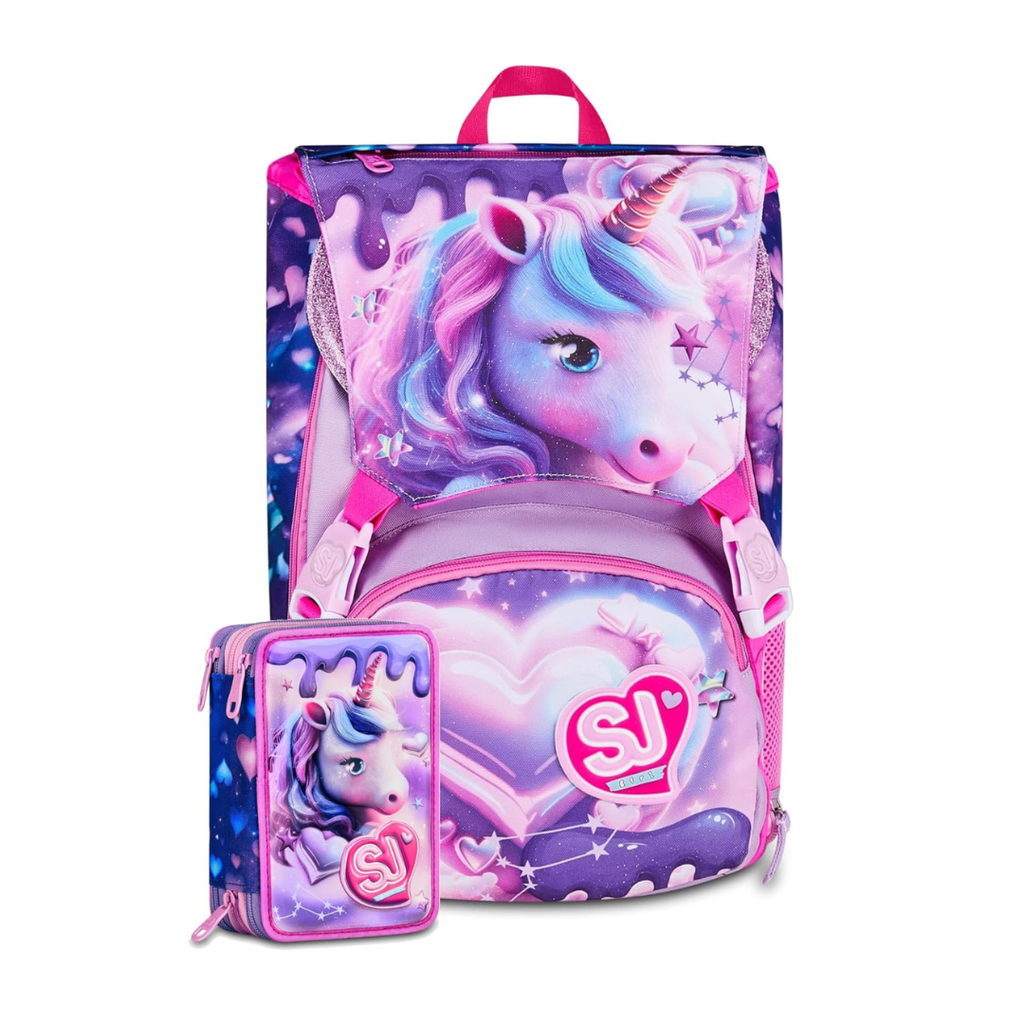 Zaino SJ Gang Animal Face Girl Rosa Estensibile con Astuccio 3 Zip Completo | Scuola