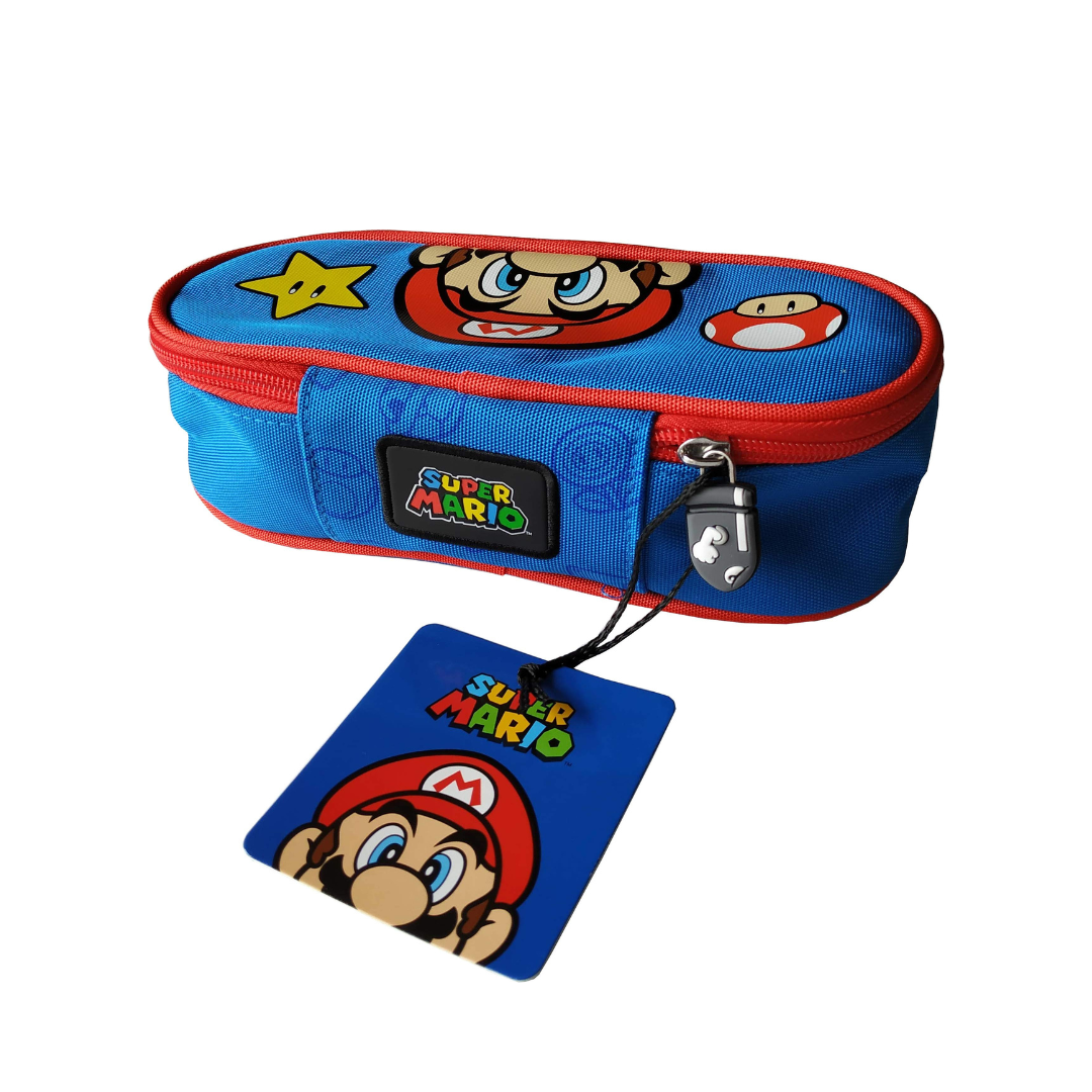 Super Mario – Astuccio Ovale Organizzato Blu | Poliestere Lucido | Zip + Divisorio Elastici | Scuola